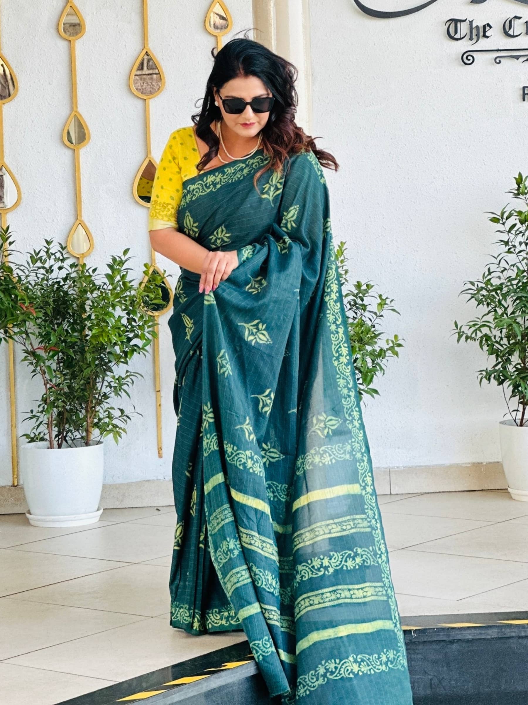 Deep Green Indigo Hand Block Printed Banana Silk Saree