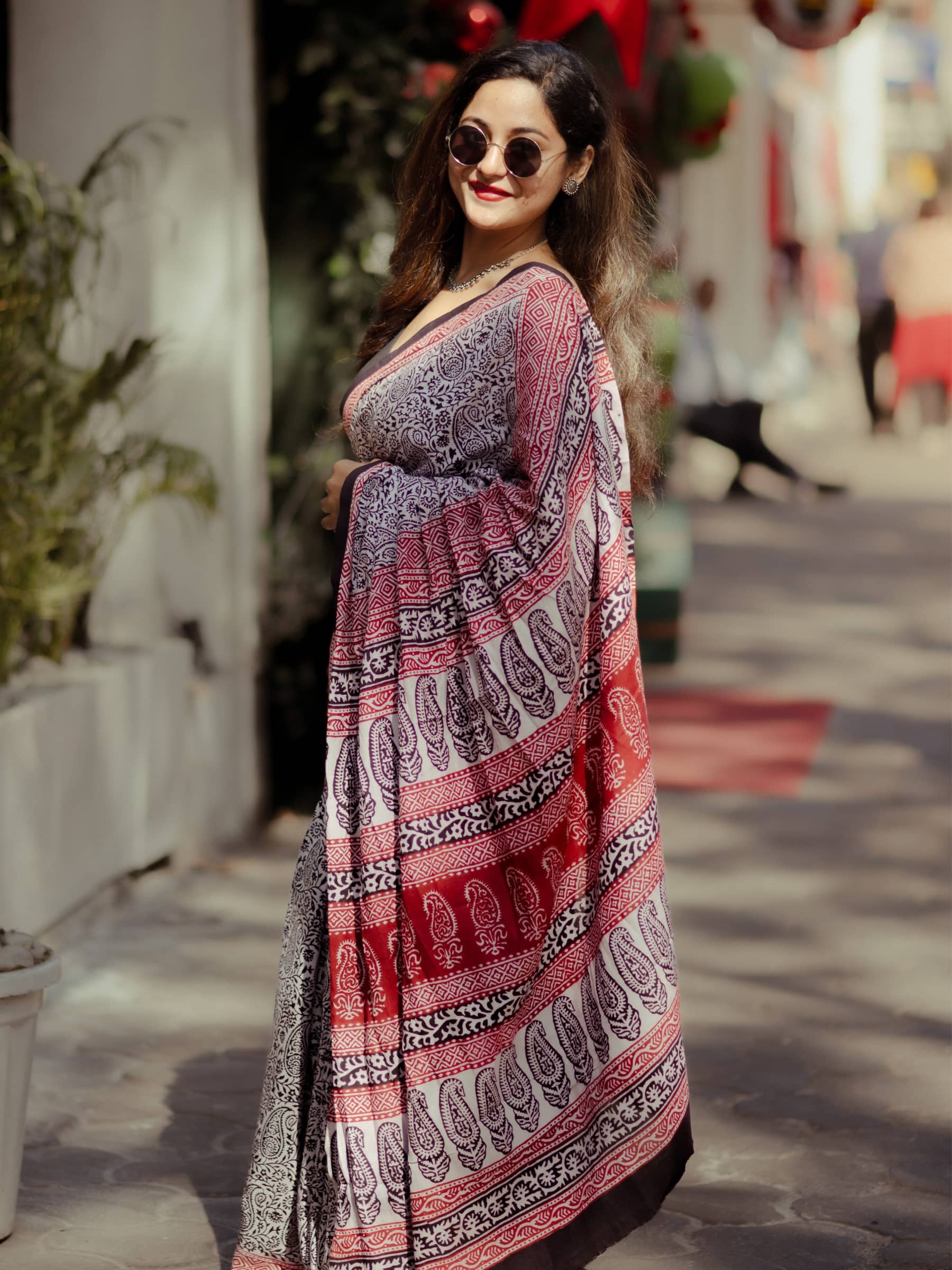 Black and White Bagh Hand Block Printed Banana Silk Cotton Saree