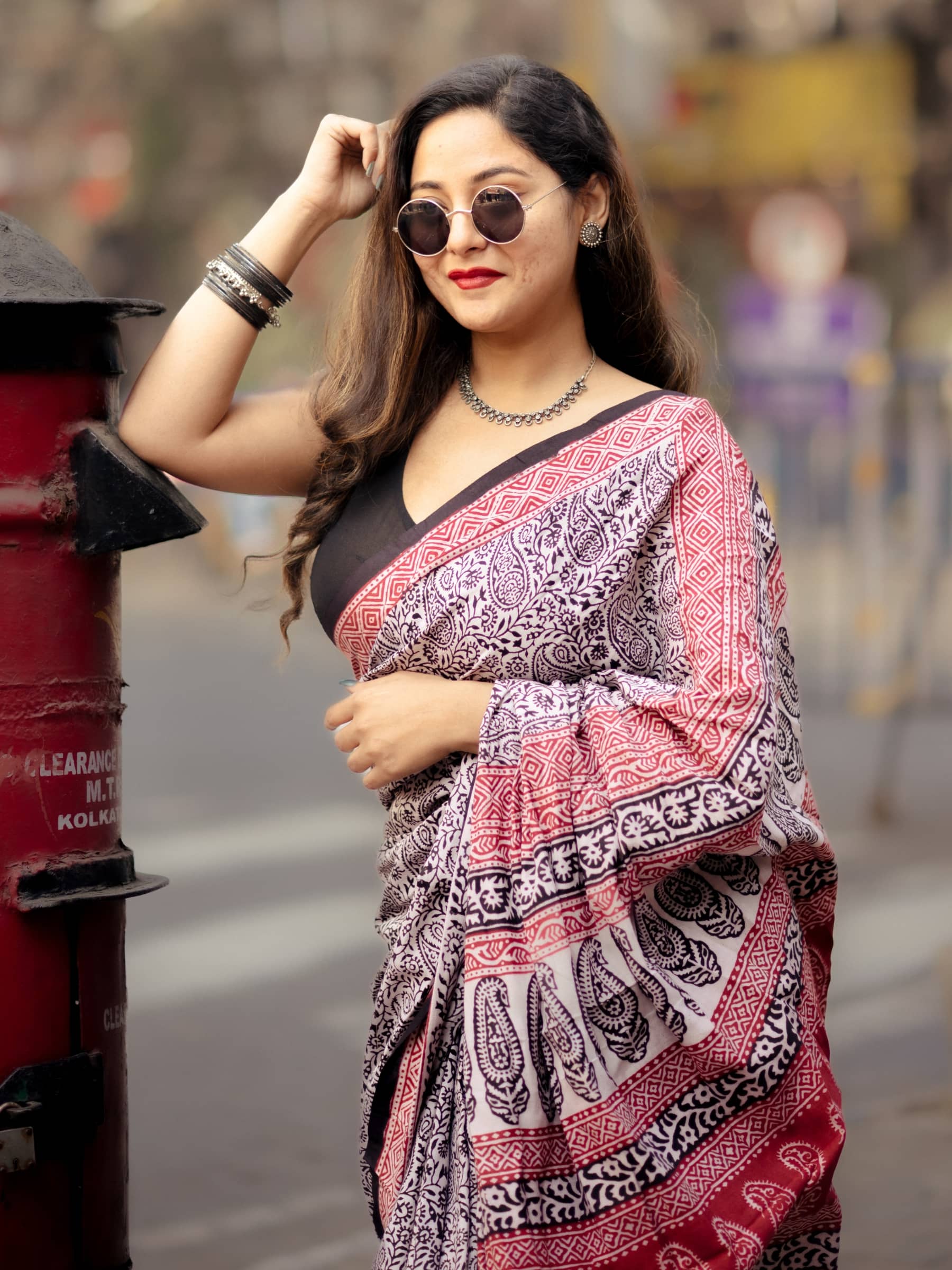 Black and White Bagh Hand Block Printed Banana Silk Cotton Saree