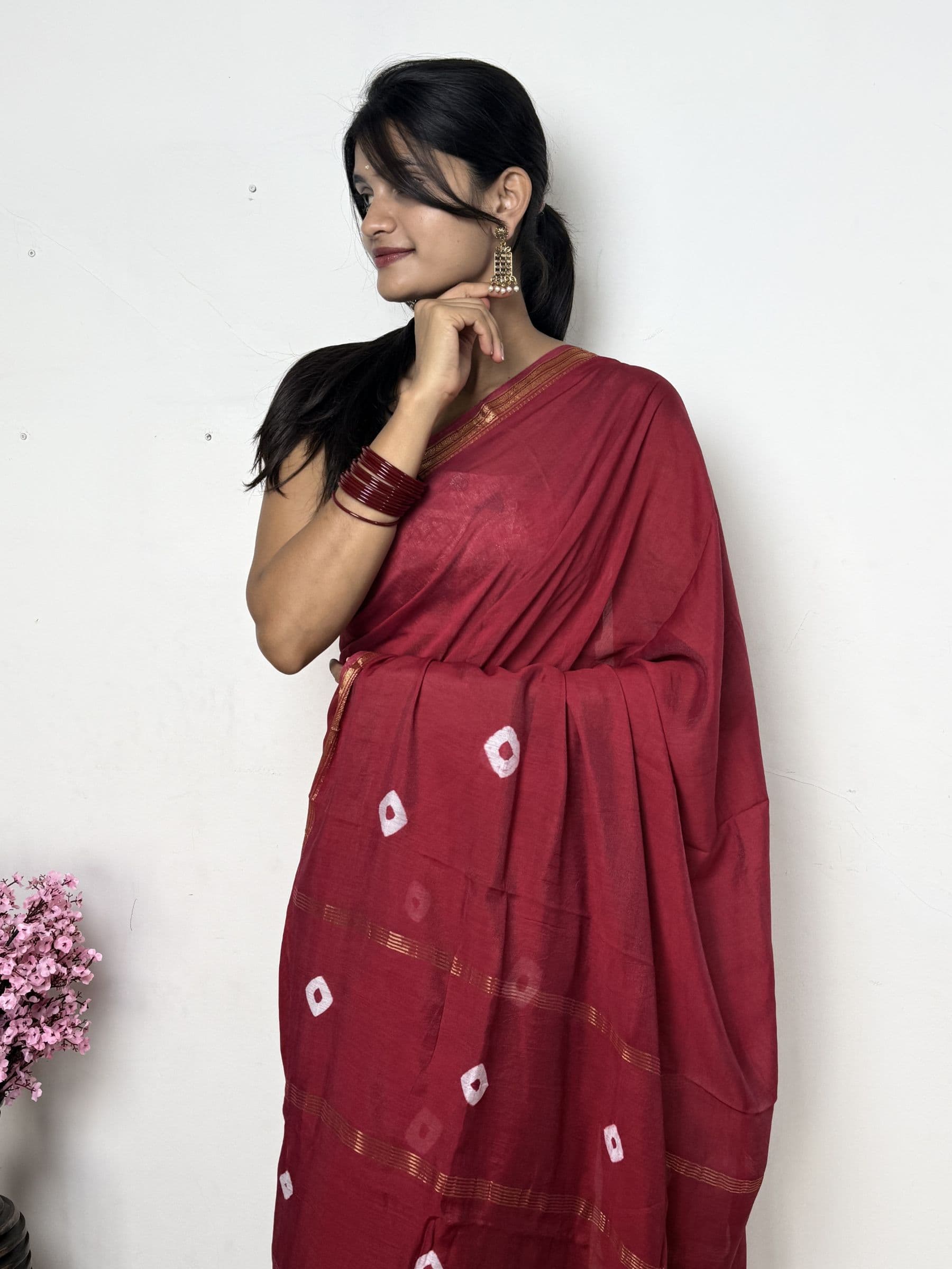 Bandhej Maheshwari Cotton Silk Saree in Deep Rose Red