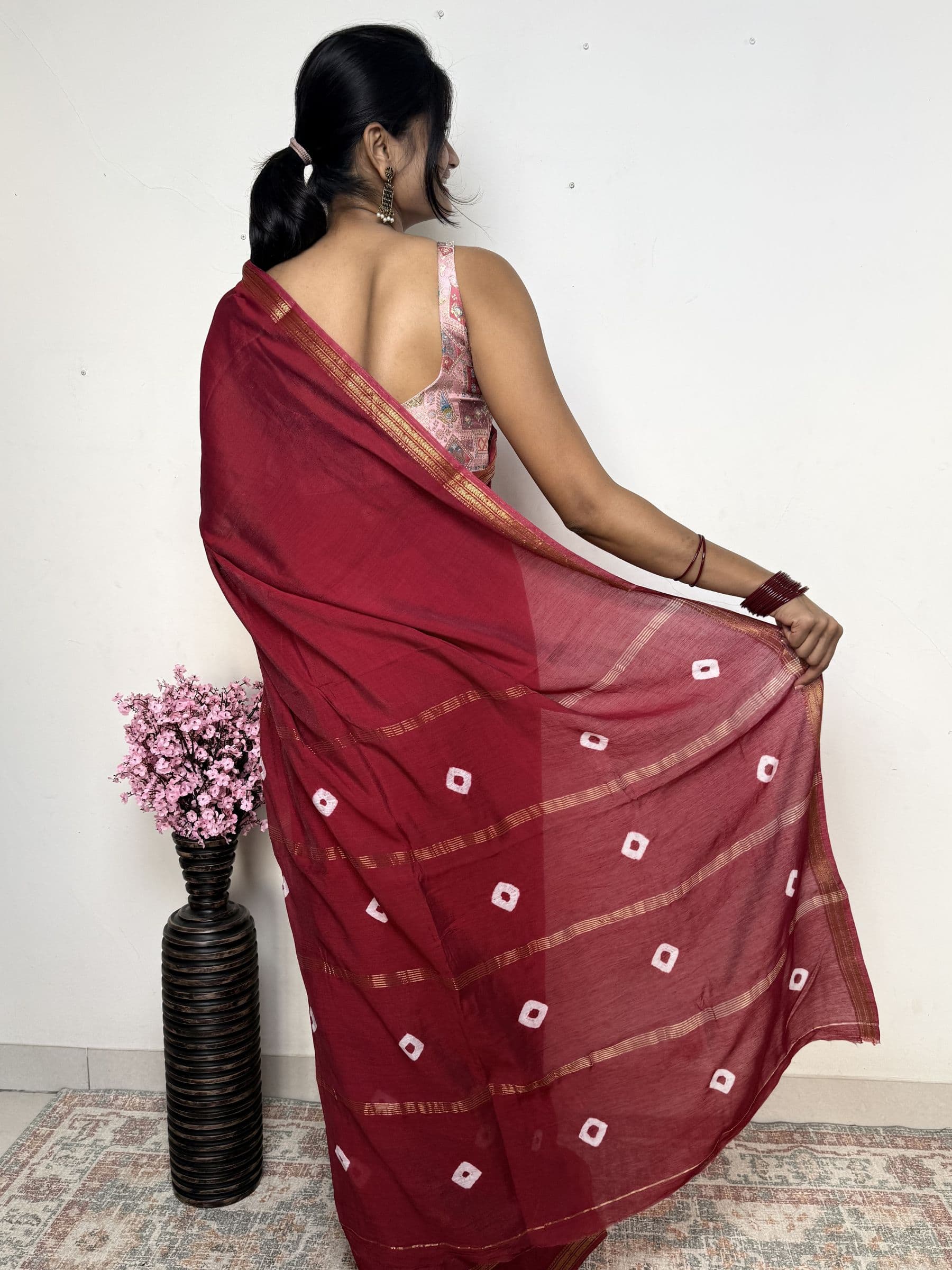 Bandhej Maheshwari Cotton Silk Saree in Deep Rose Red