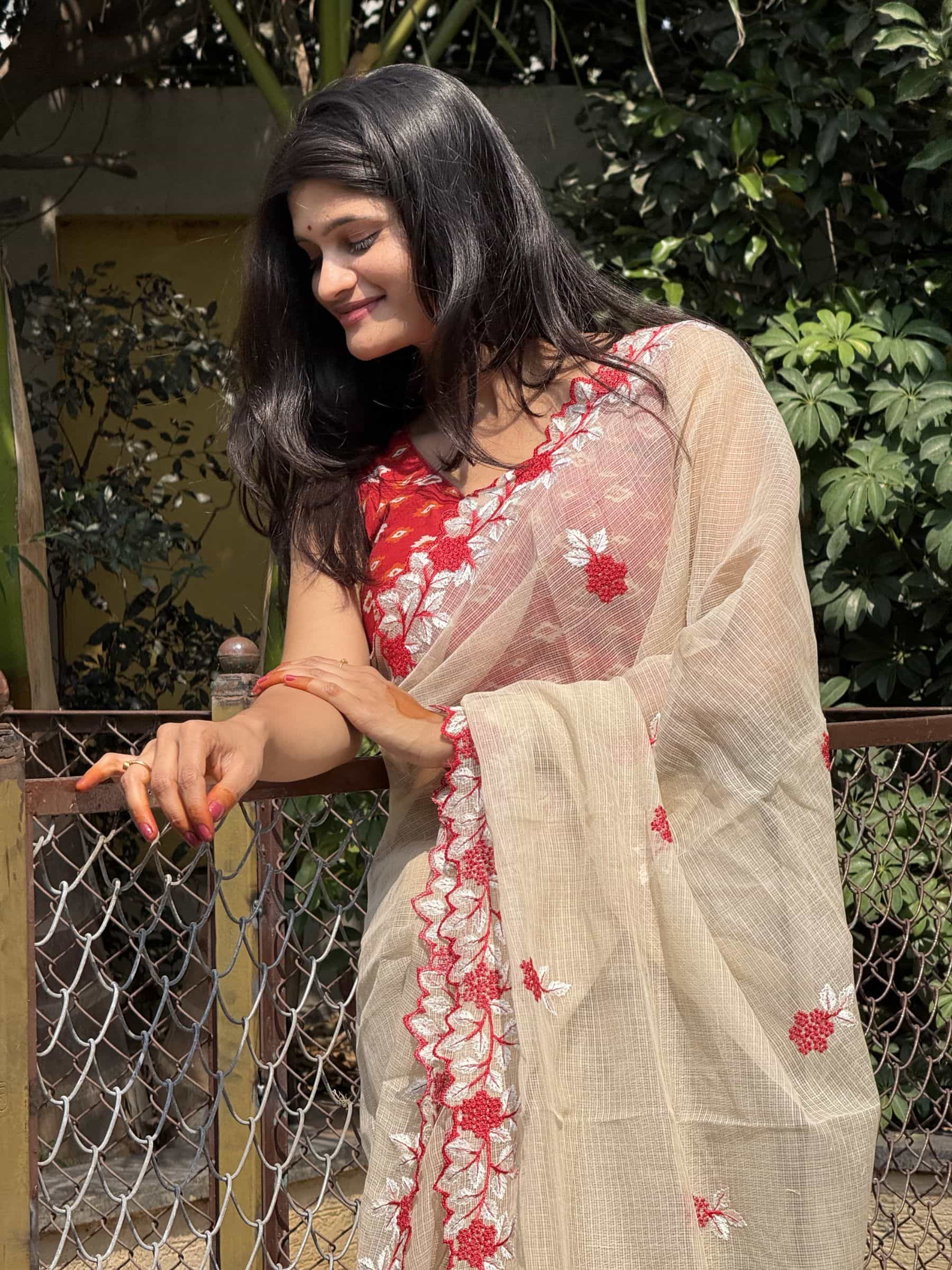 Beige Floral Embroidered Kota Doria Saree