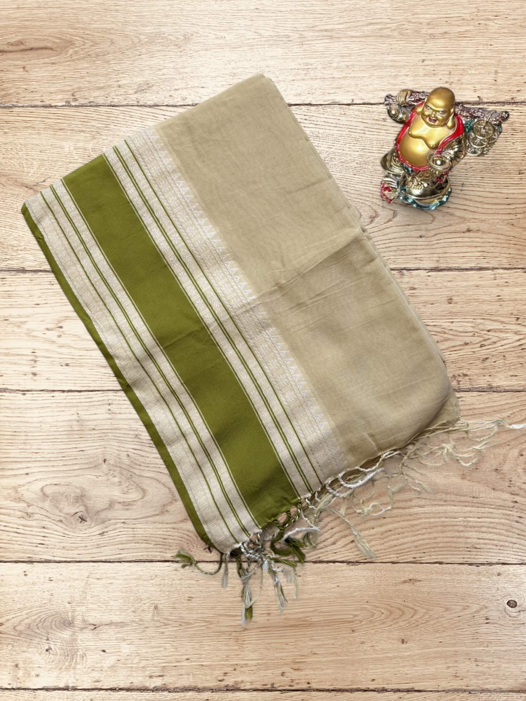 Handloom Soft Cotton Saree in Beige and Green
