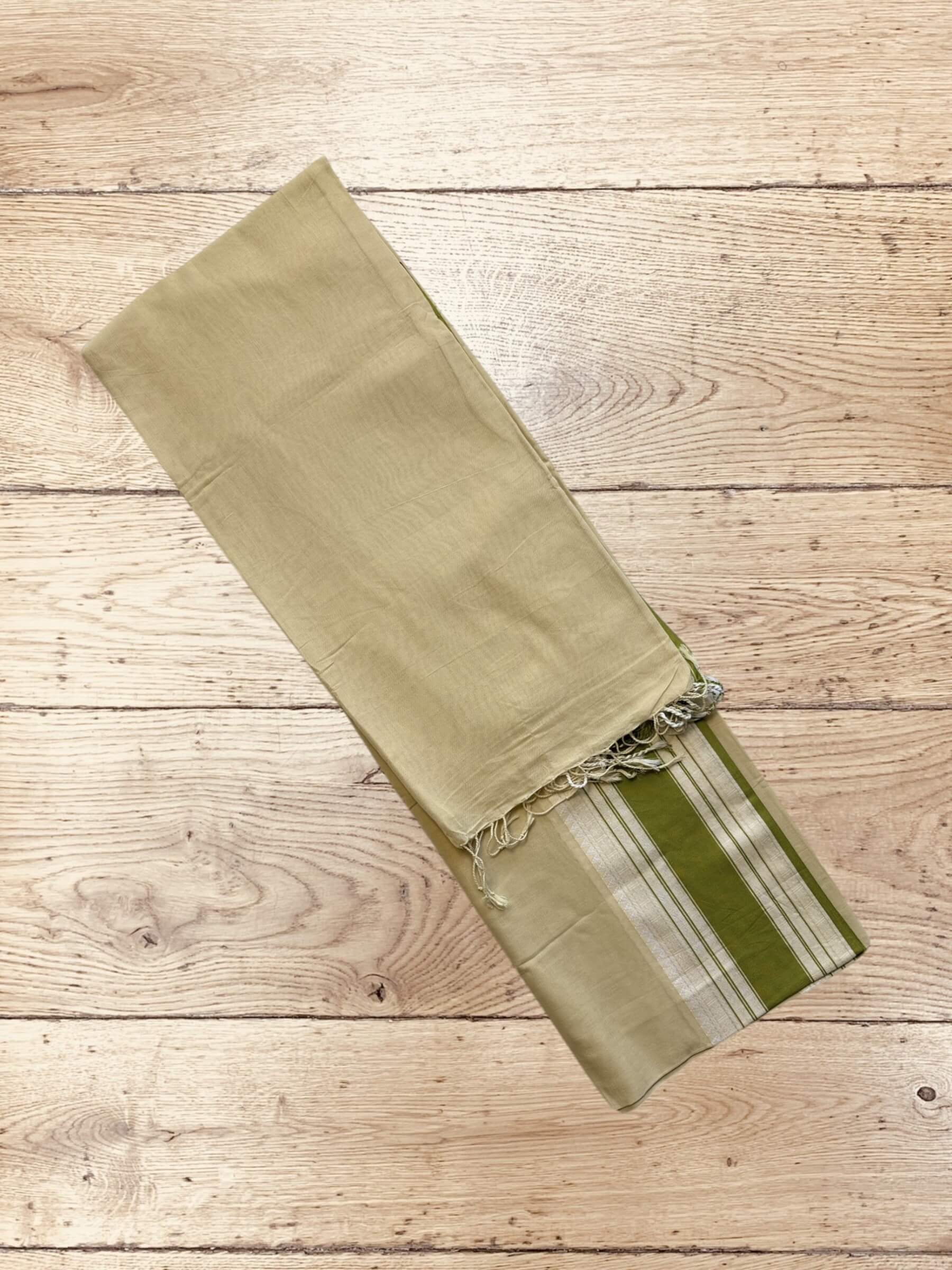 Handloom Soft Cotton Saree in Beige and Green