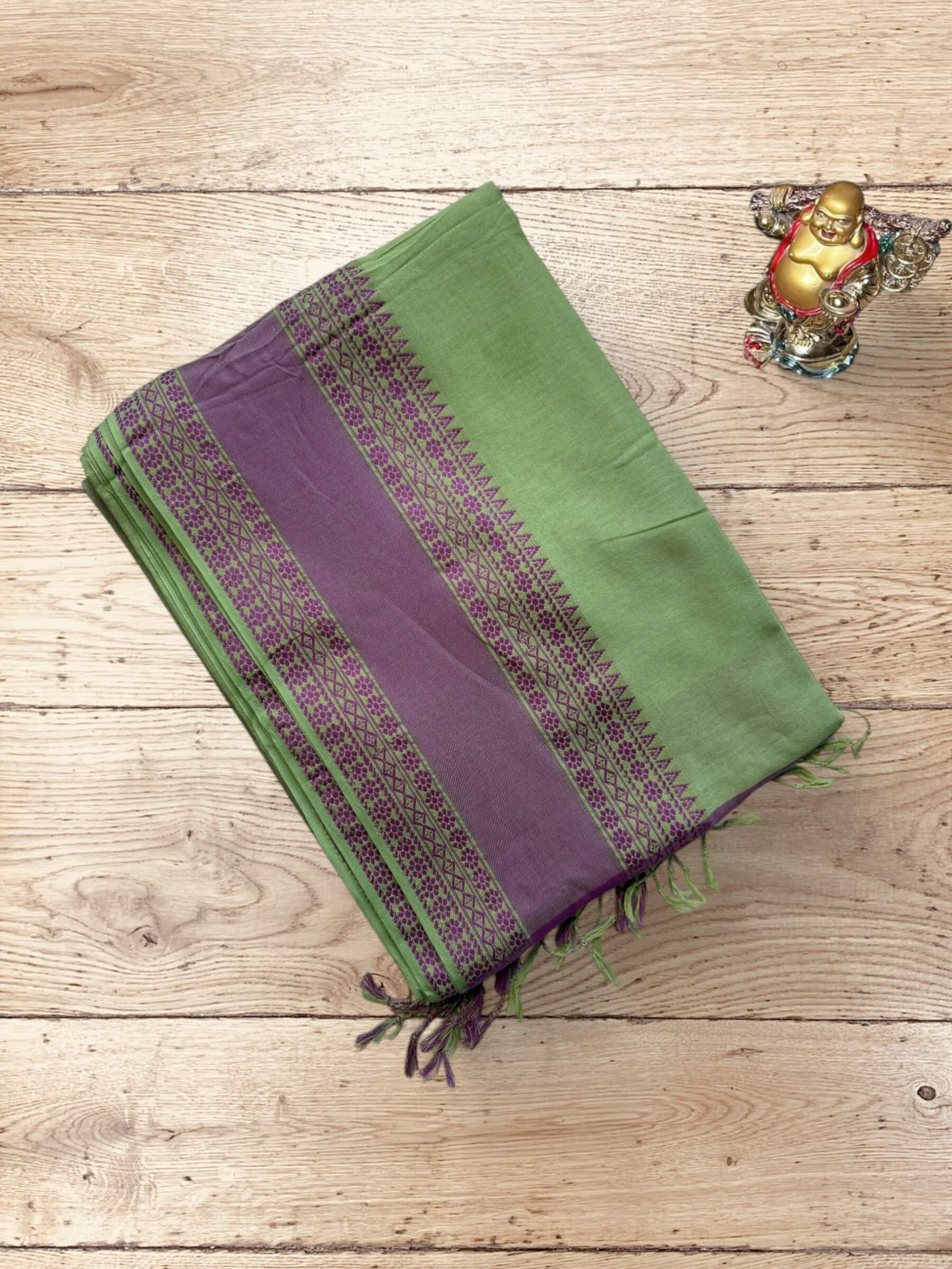 Handloom Soft Cotton Saree in Green and Purple