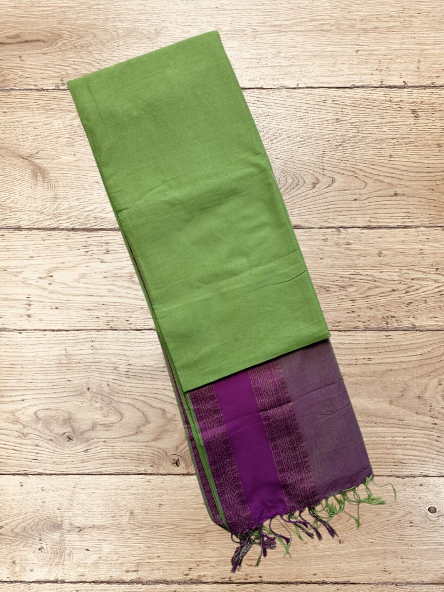 Handloom Soft Cotton Saree in Green and Purple
