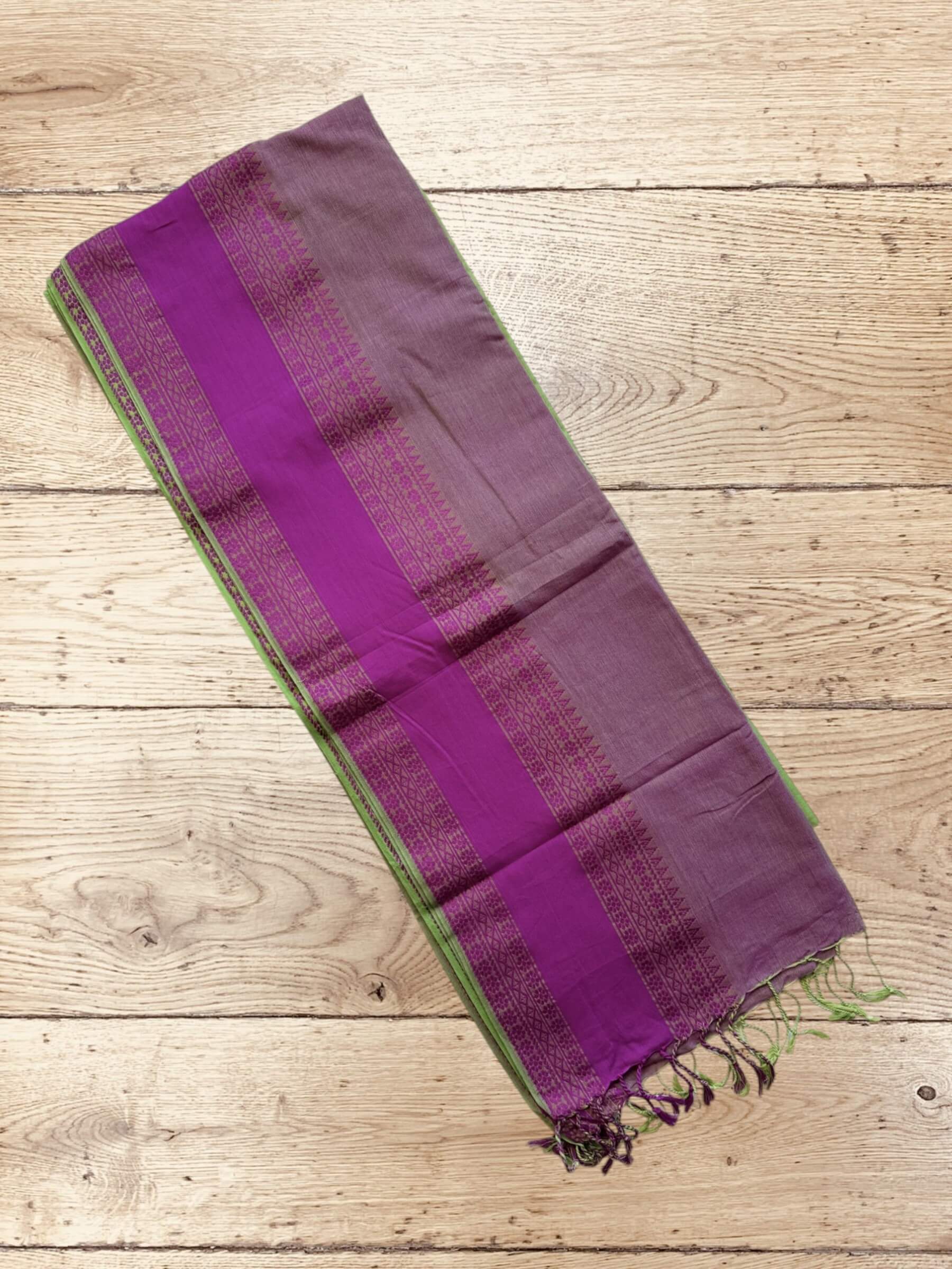 Handloom Soft Cotton Saree in Green and Purple
