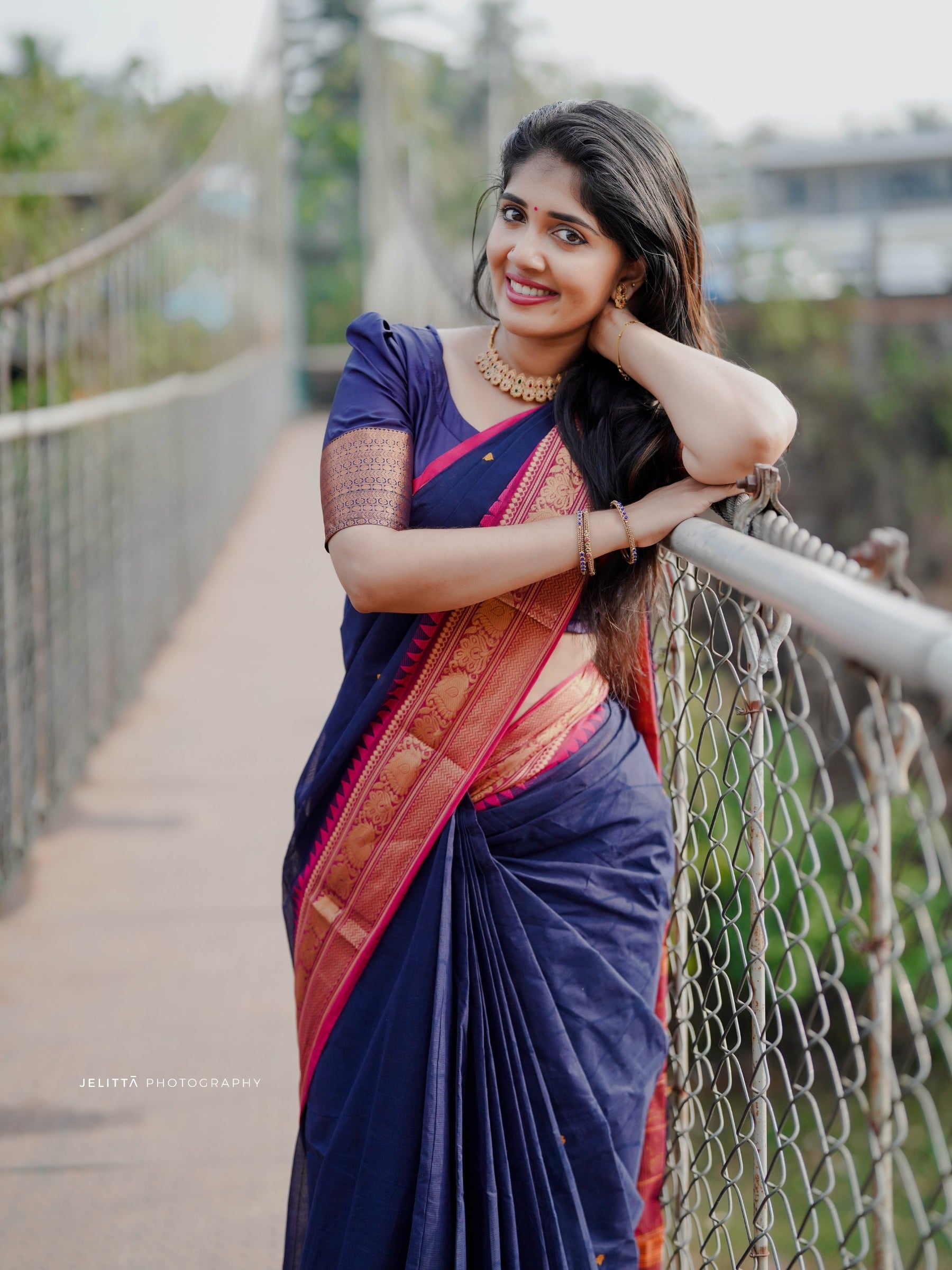 Kanchi Cotton Saree in Dark-Blue