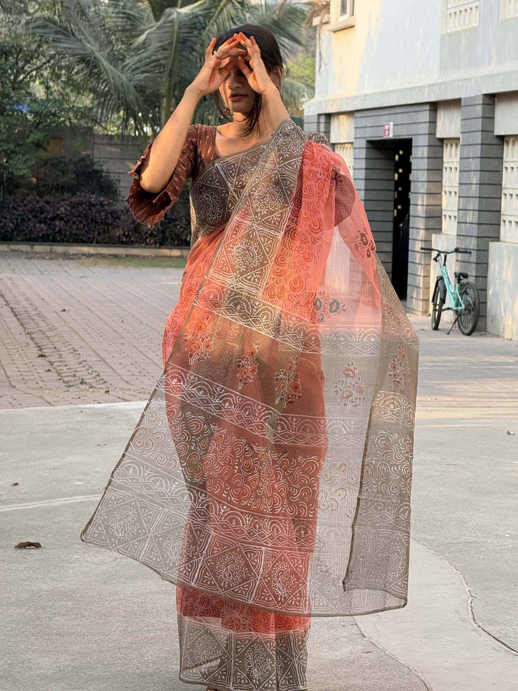 Hand Block Printed Kota Doria Saree in Coral Red