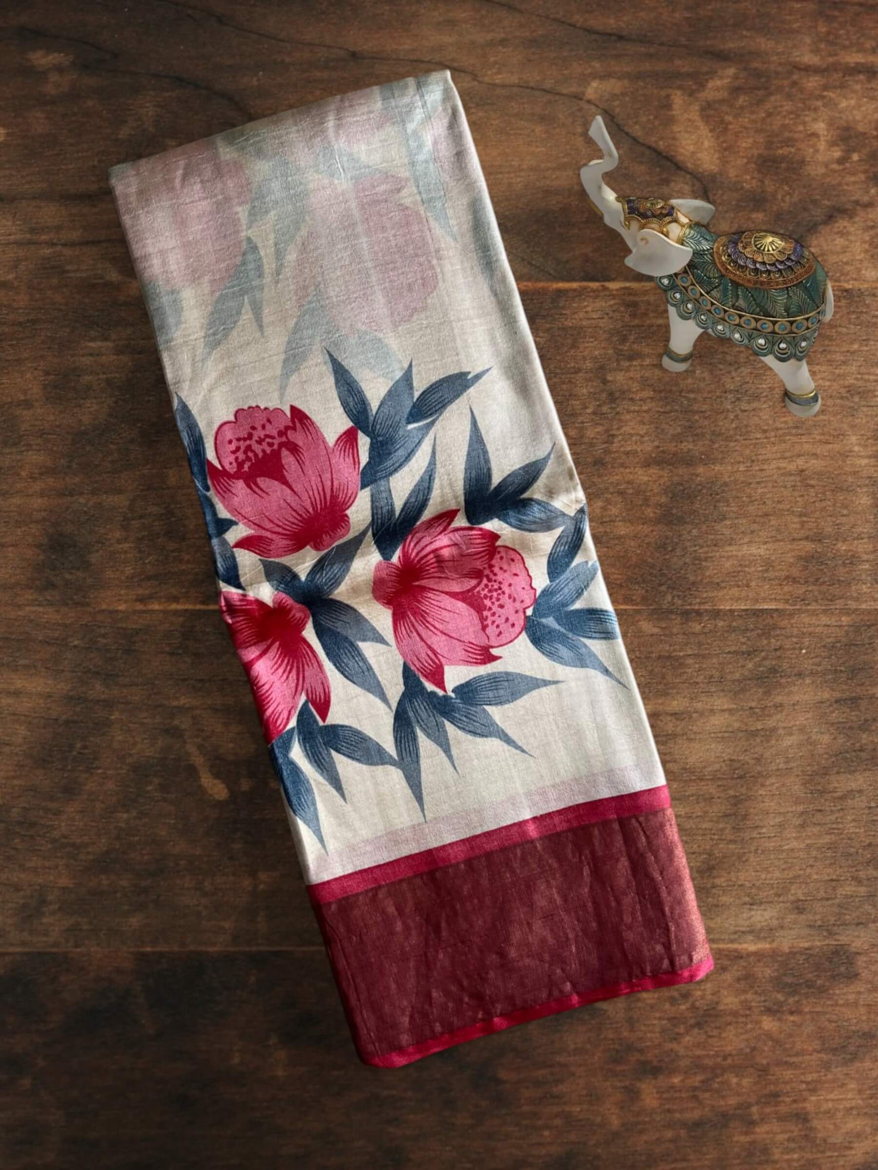 Handloom Pure Tussar Silk Saree in Cream with Floral Patterns
