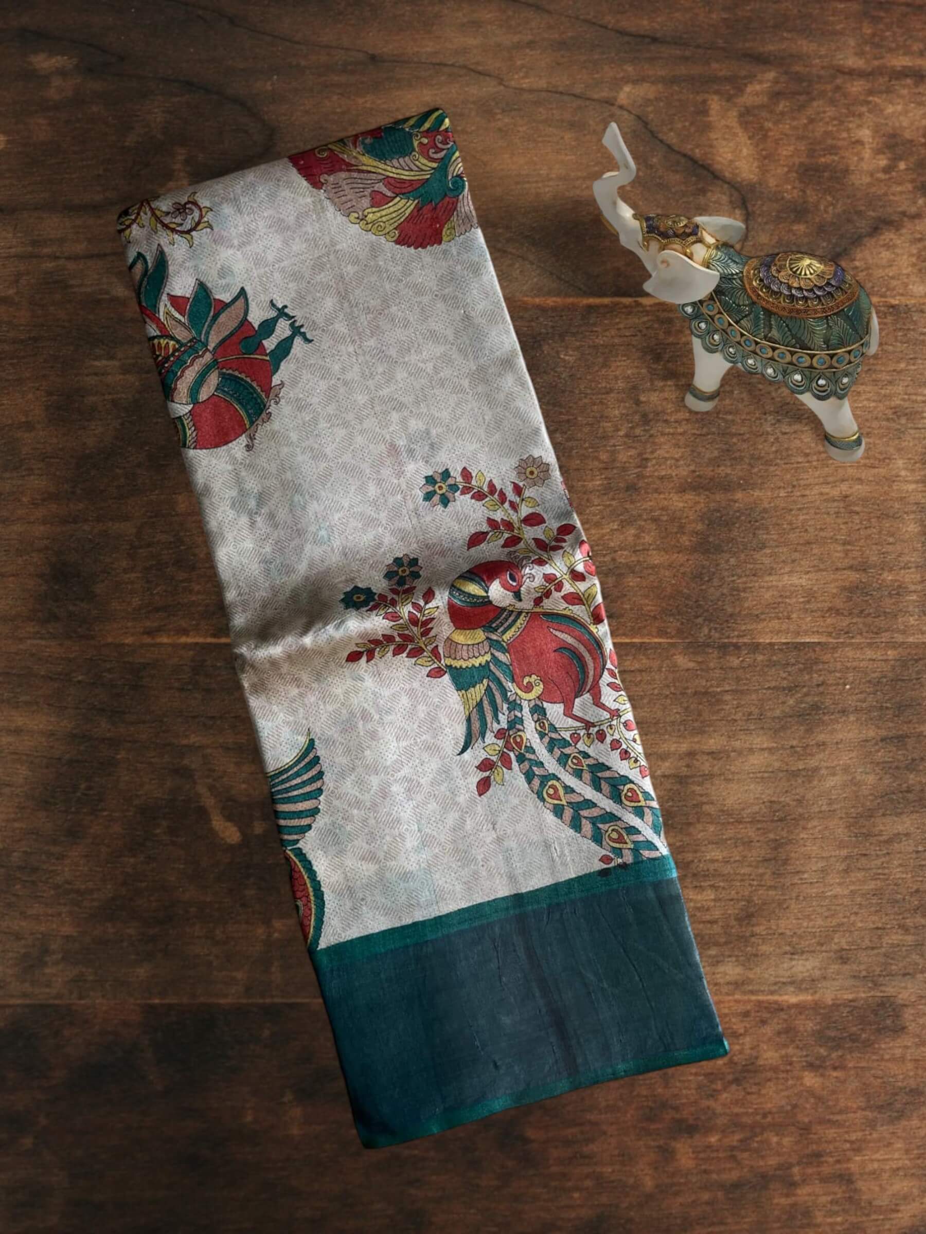 Handloom Pure Tussar Silk Block Printed Saree in Beige