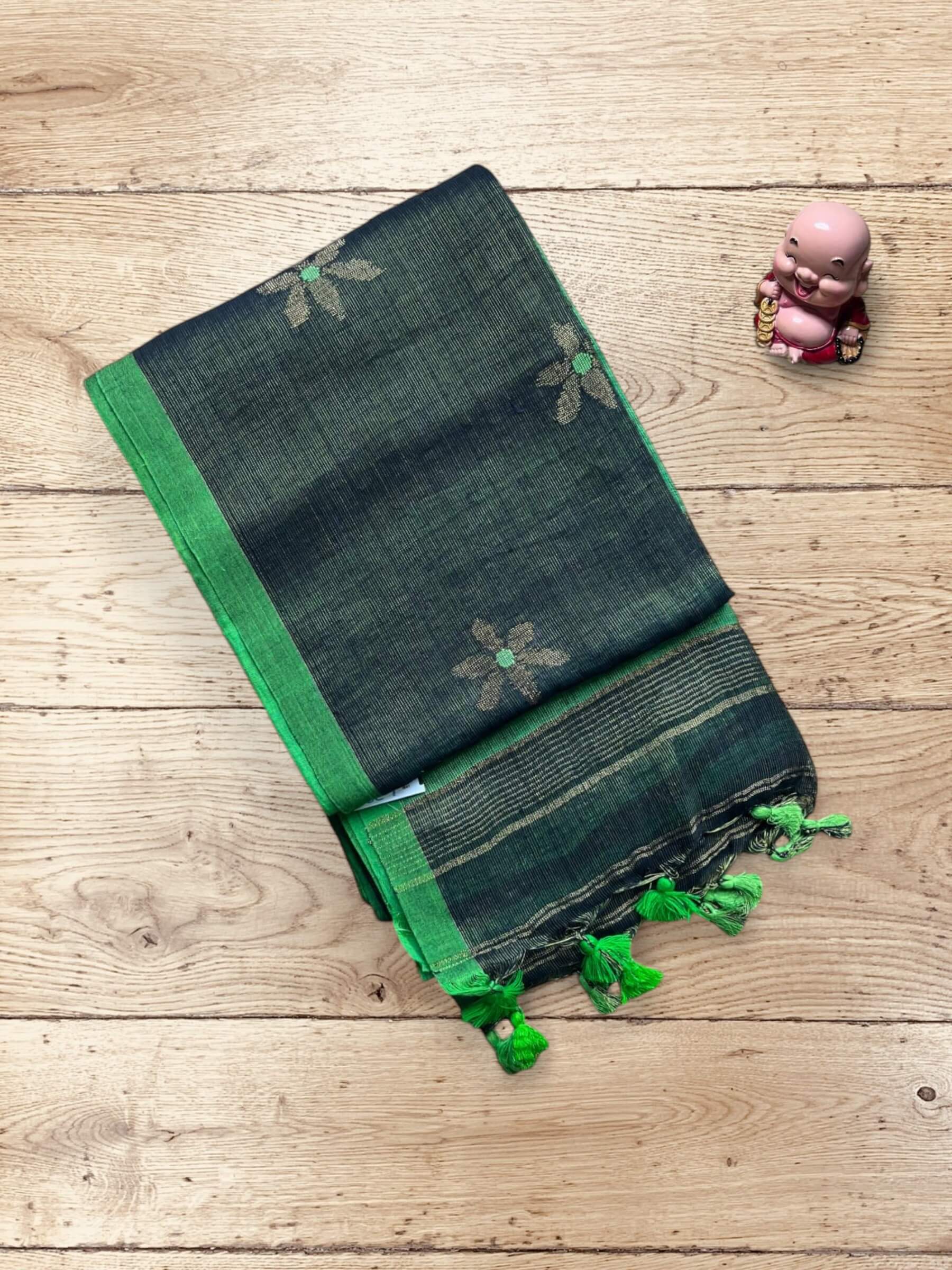 Handloom Tissue Linen Saree in Dark Green