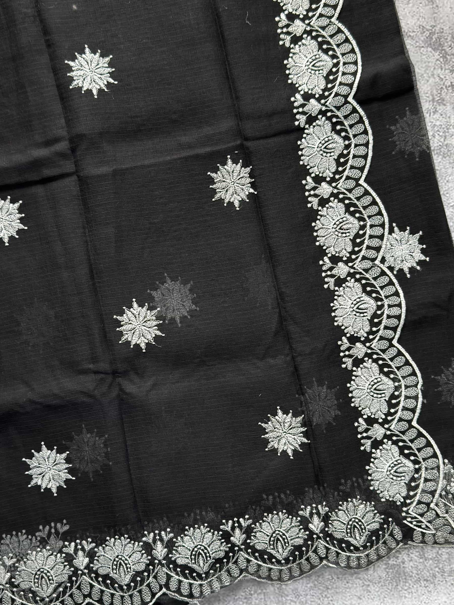 Embroidered Kota Doria Saree in Black