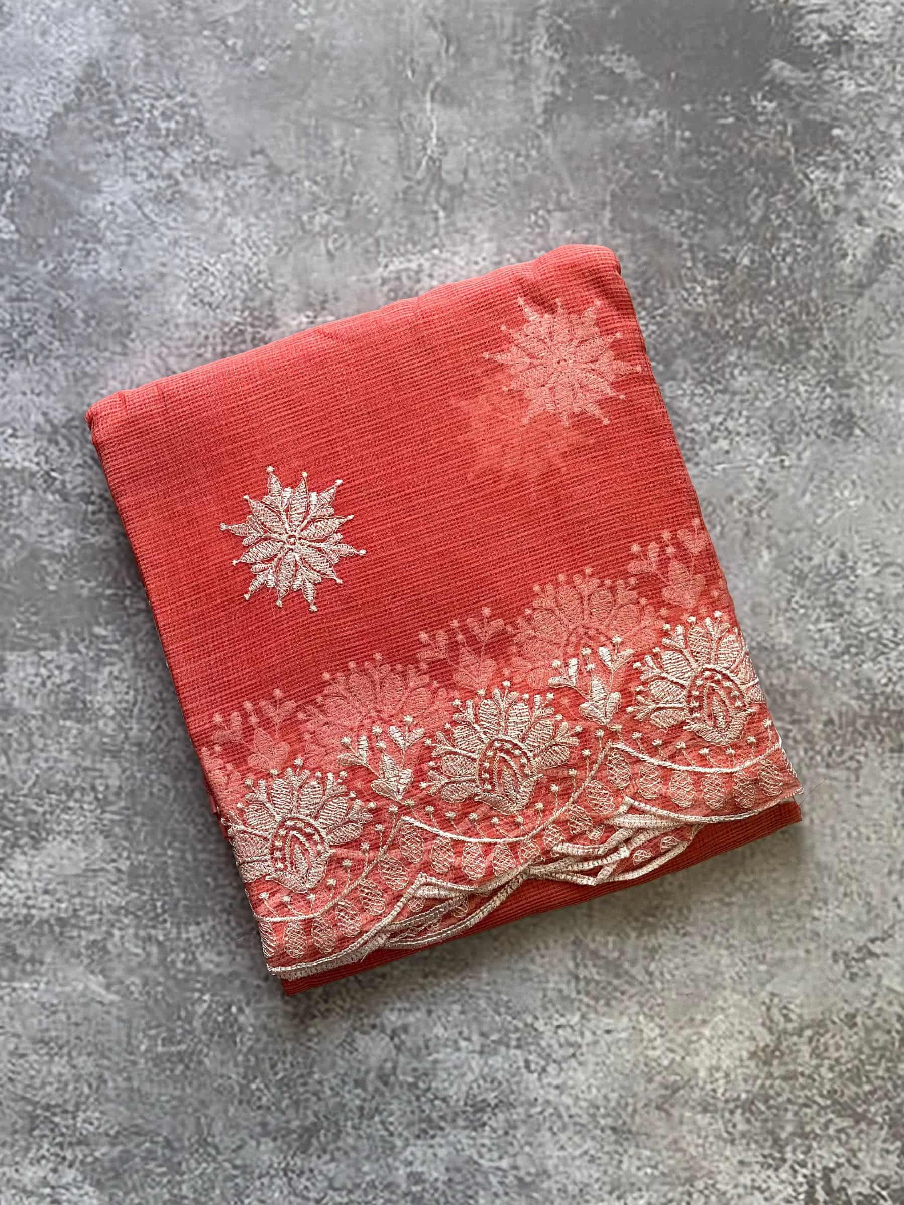 Lightweight Kota Doria saree with embroidery and scalloped border