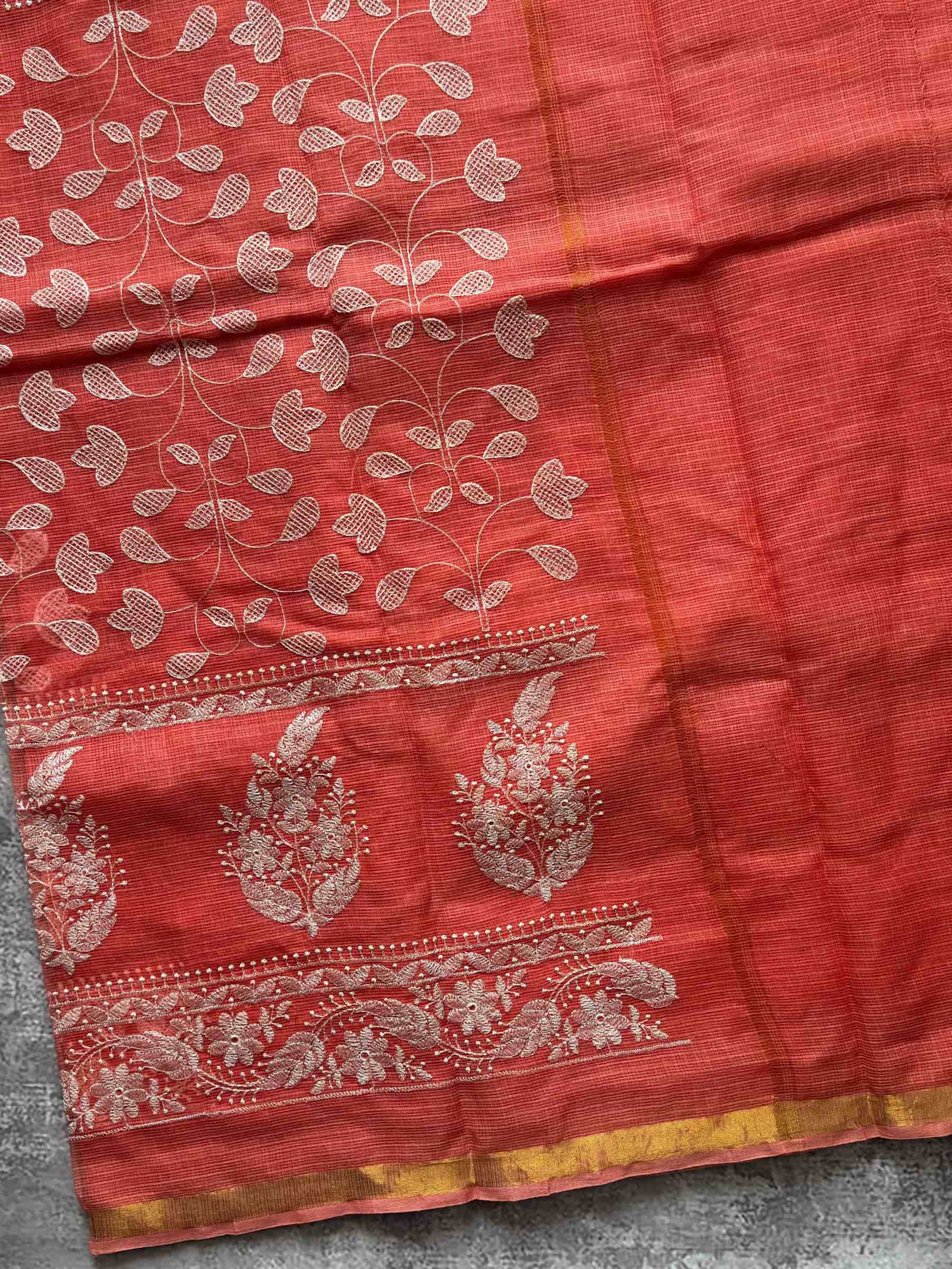 Embroidered Kota Doria Saree in Coral Red