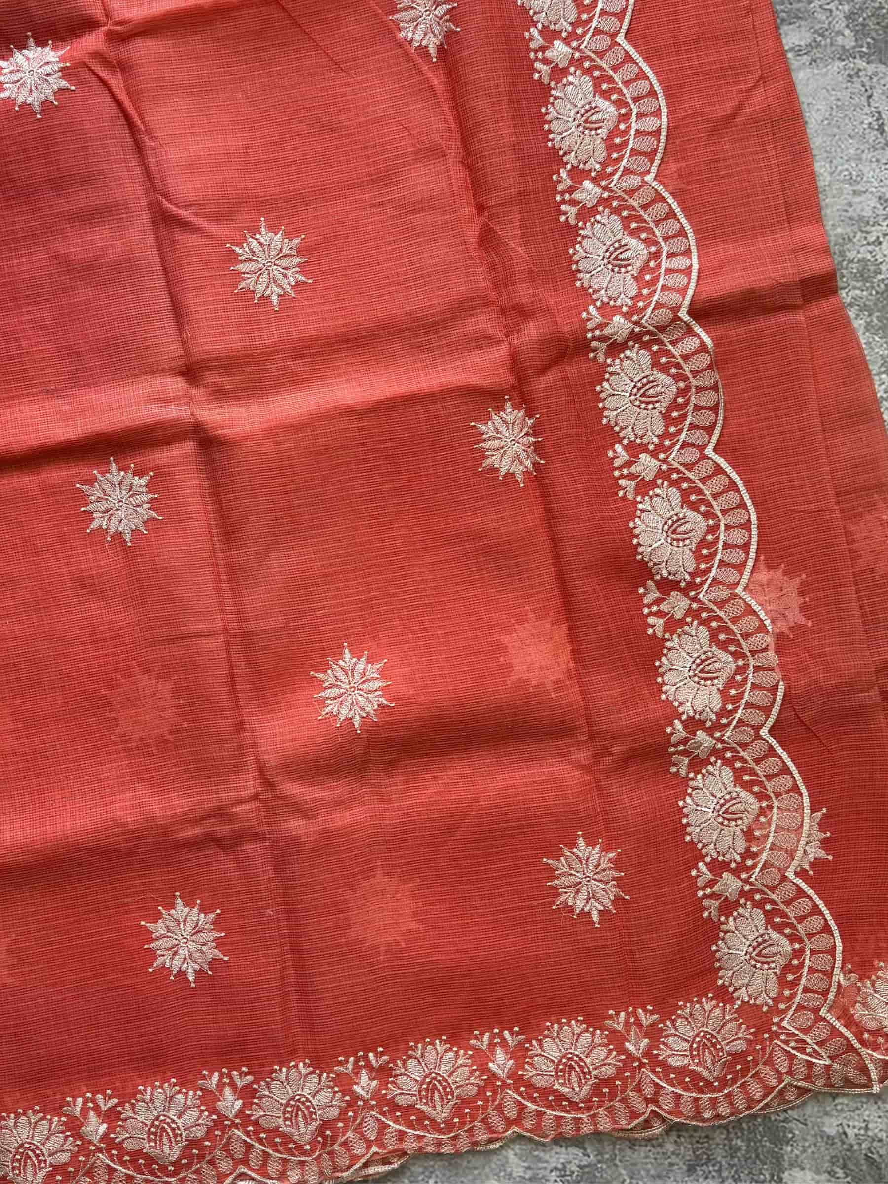 Embroidered Kota Doria Saree in Coral Red
