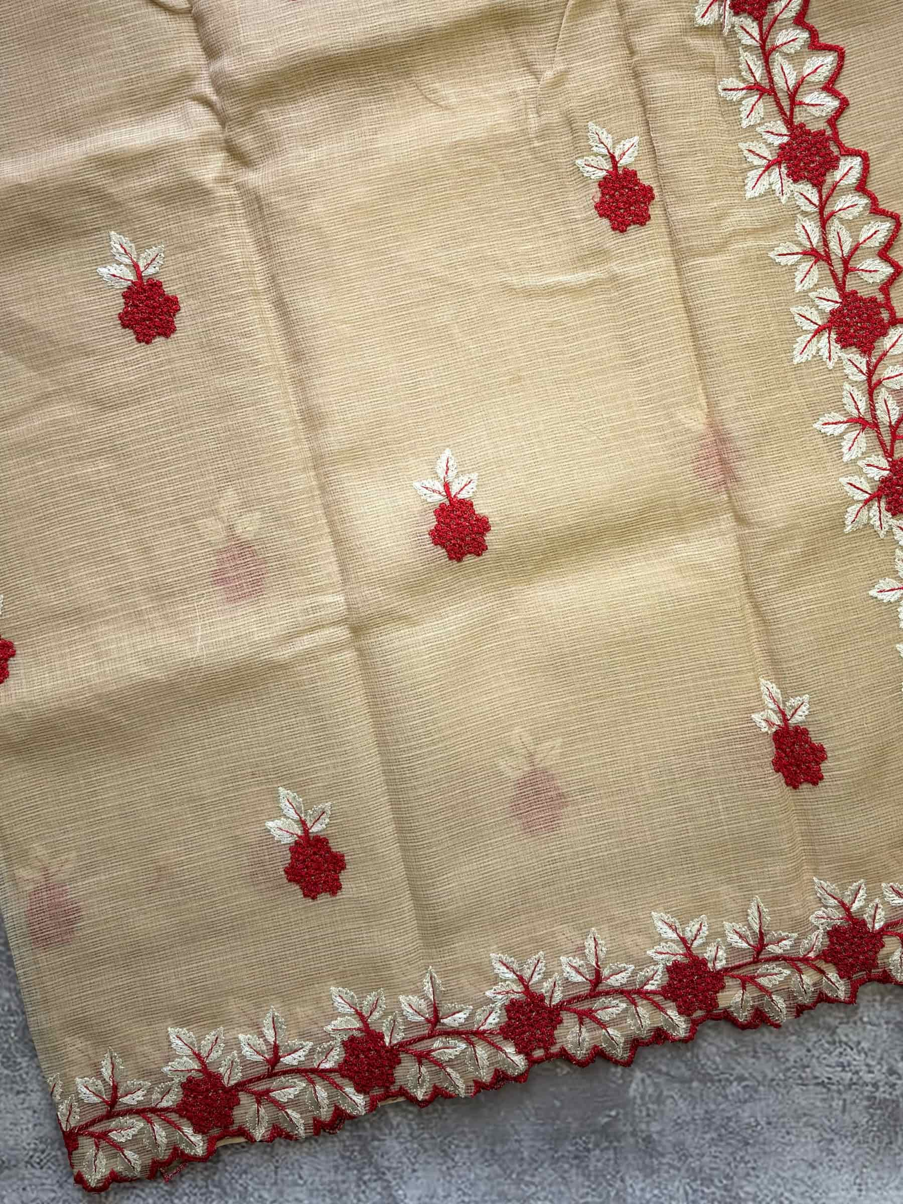 Beige Floral Embroidered Kota Doria Saree