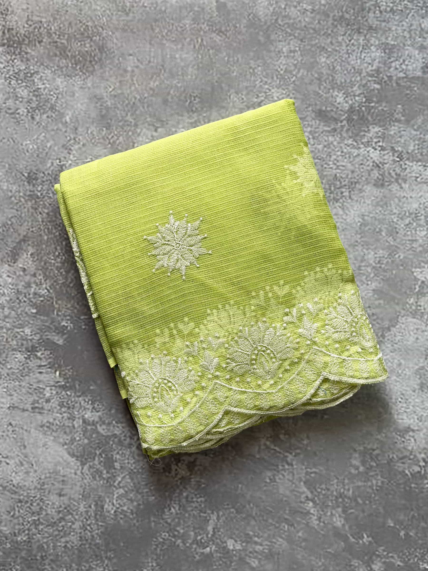 Lime green embroidered Kota Doria saree with floral border