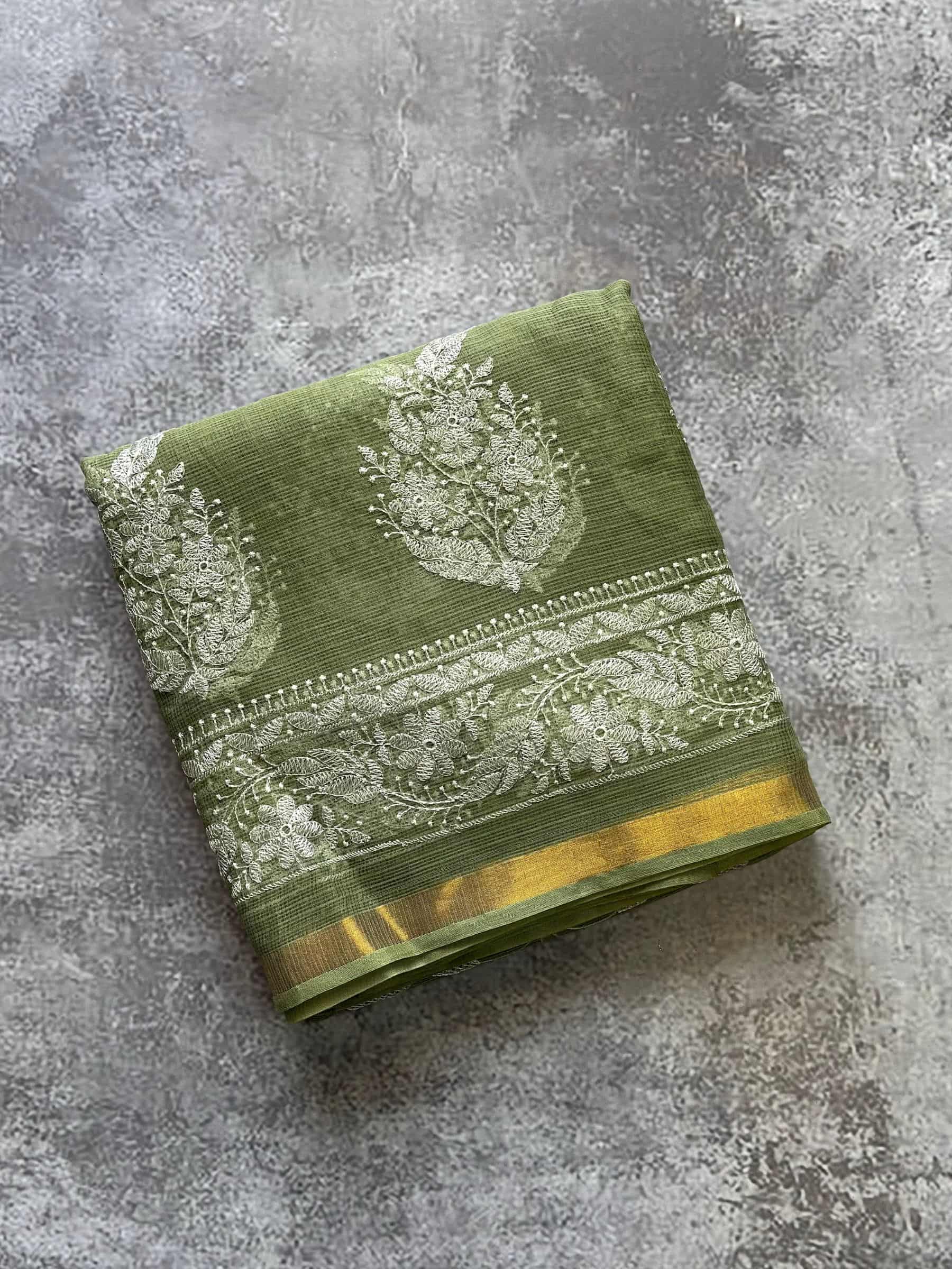 Olive green Kota Doria embroidered saree with floral pallu