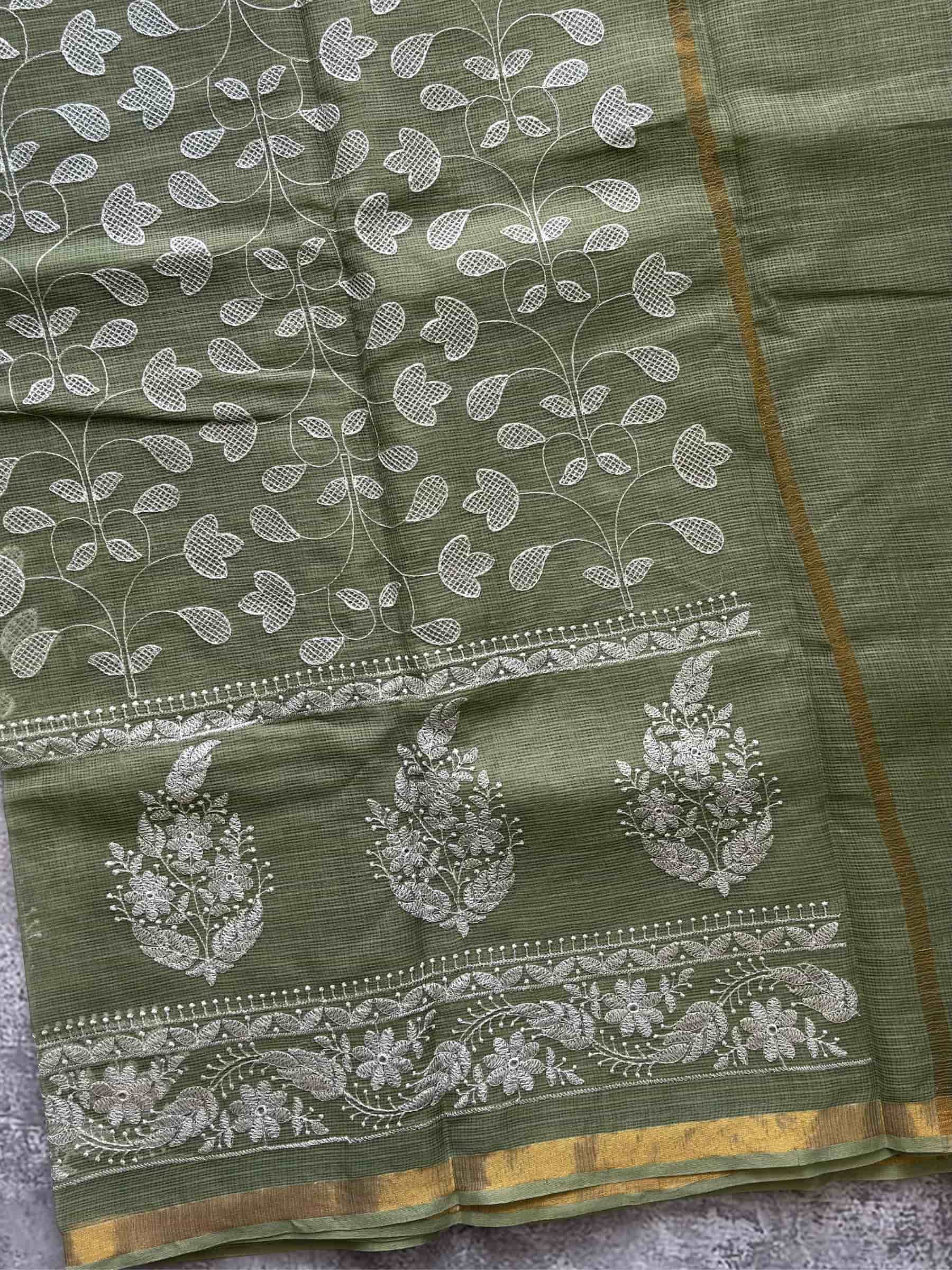 Embroidered Kota Doria Saree in Olive Green