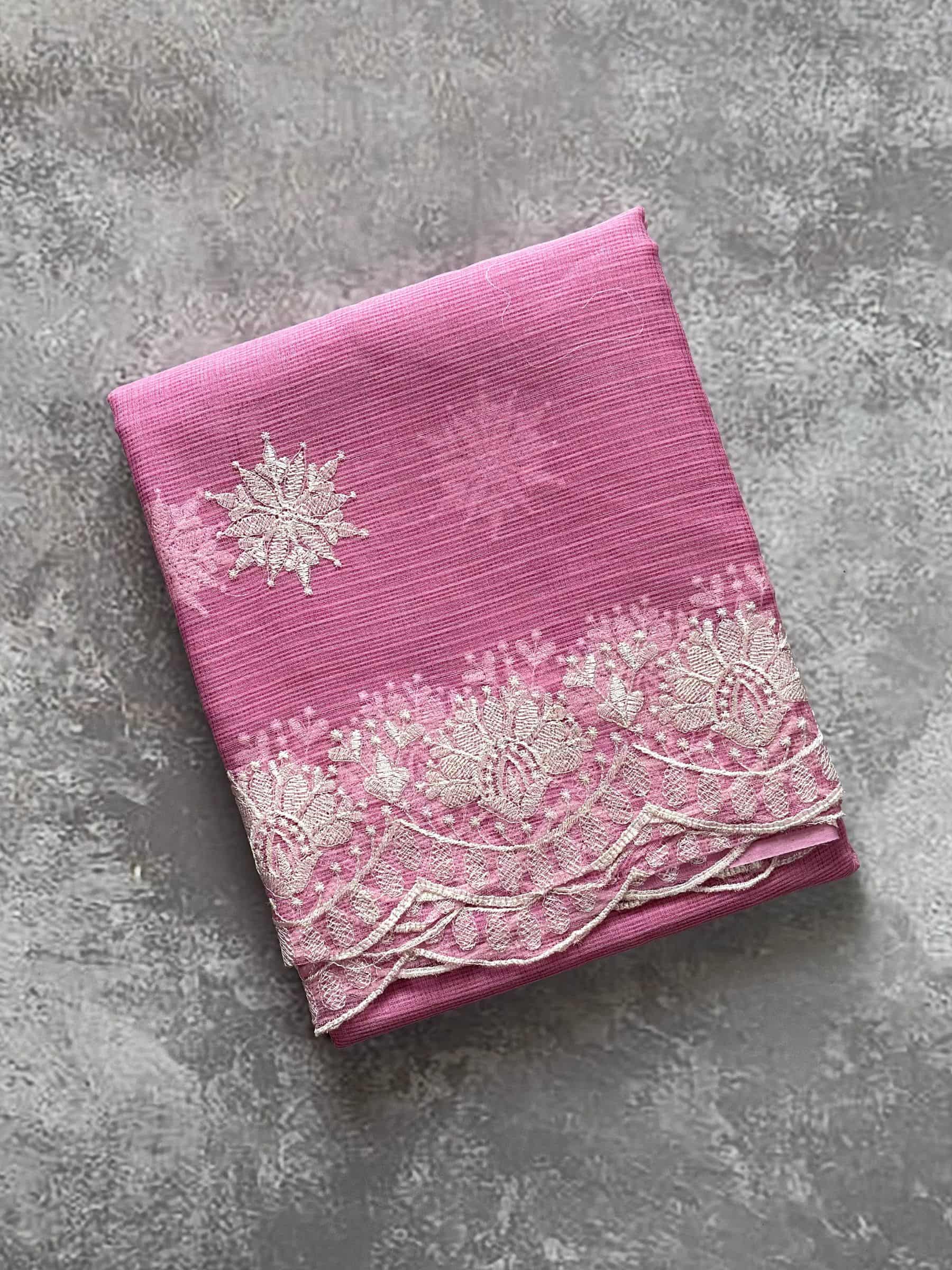 Rose pink embroidered Kota Doria saree with scalloped pallu