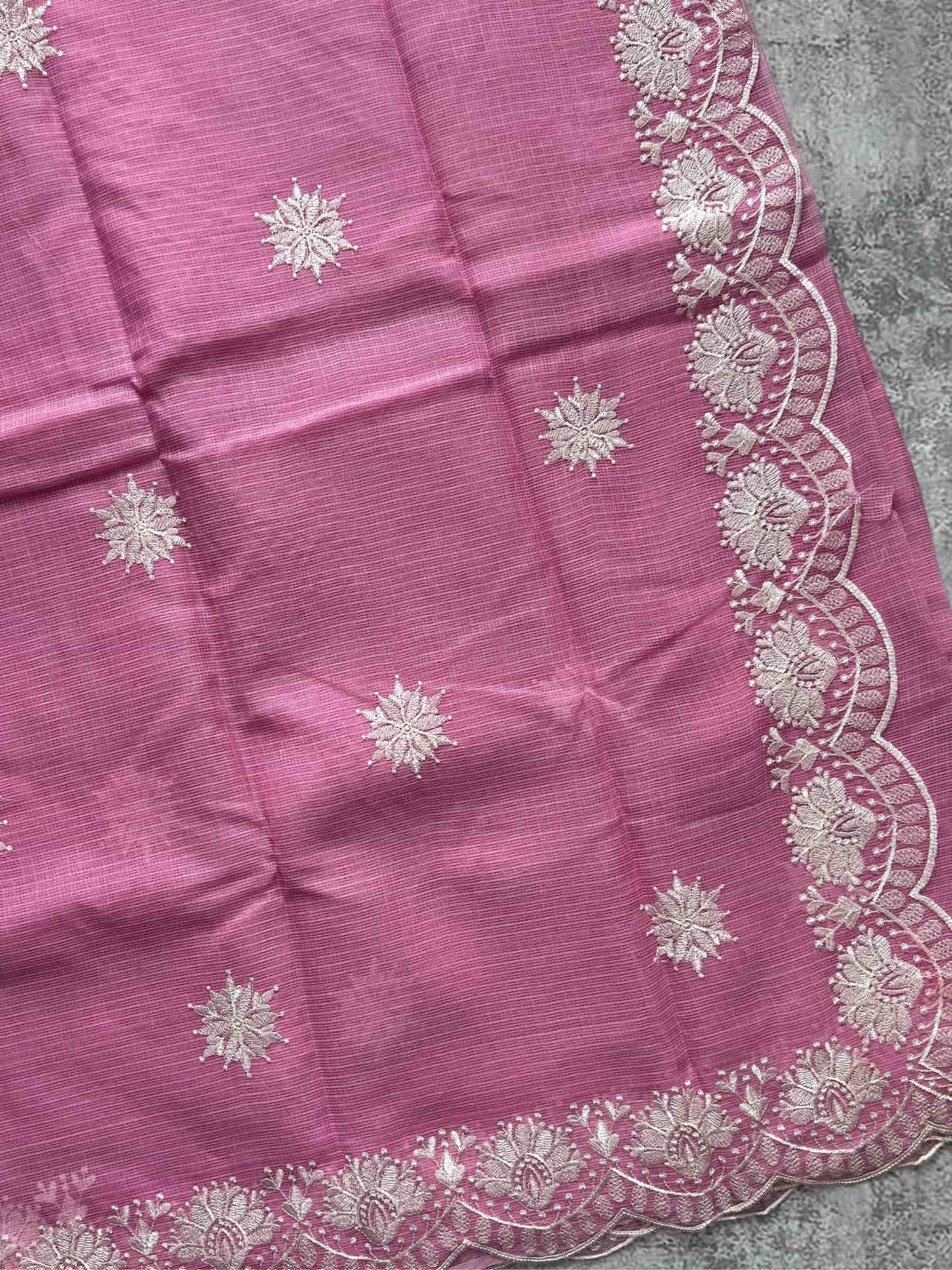 Embroidered Kota Doria Saree in Rose Pink