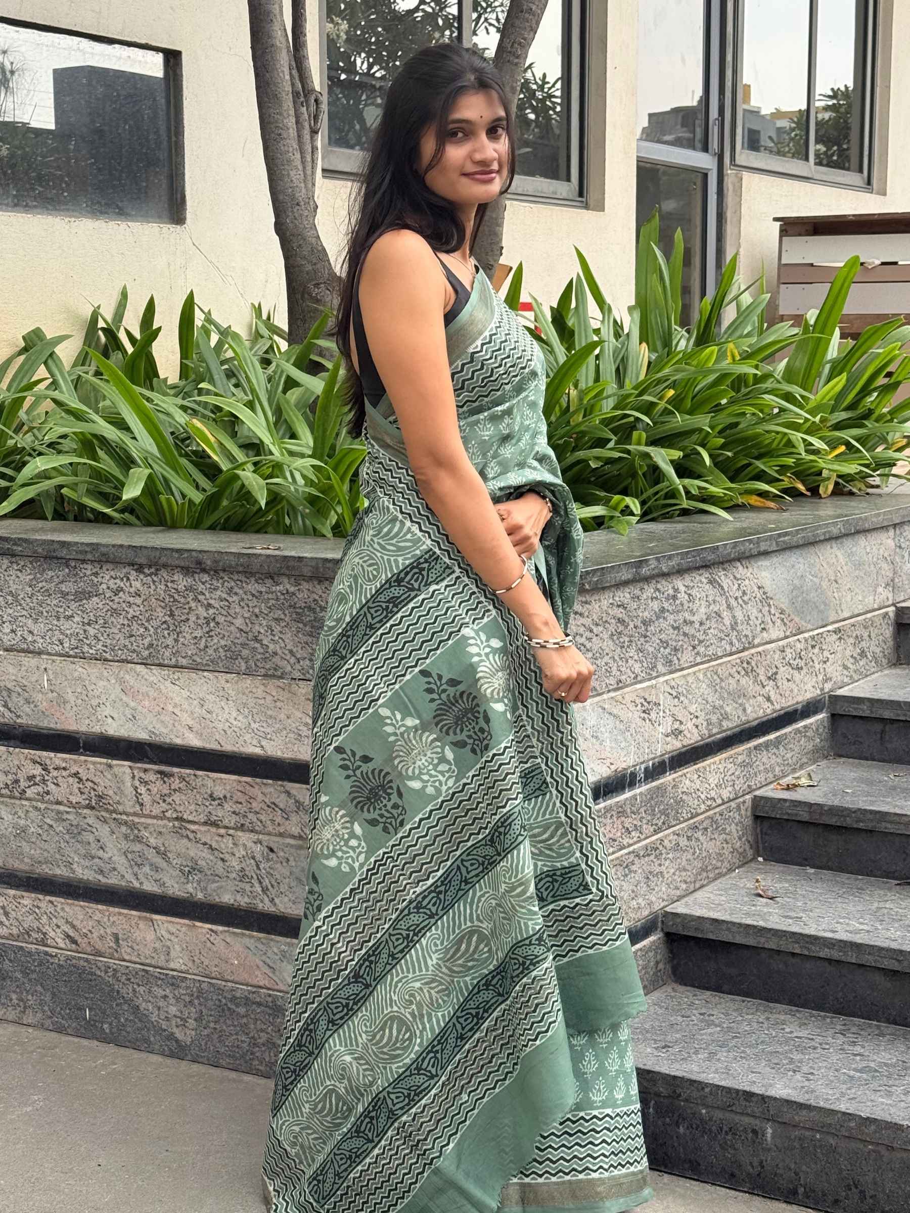 Green Dabu Hand Block Printed Banana Silk Saree