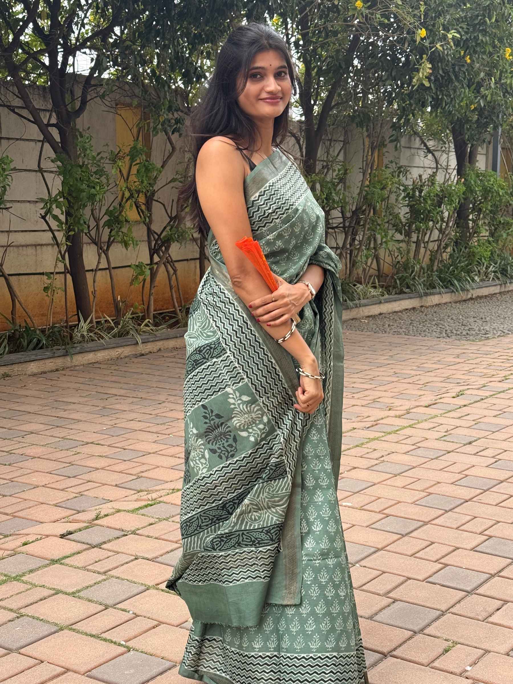 Green Dabu Hand Block Printed Banana Silk Saree