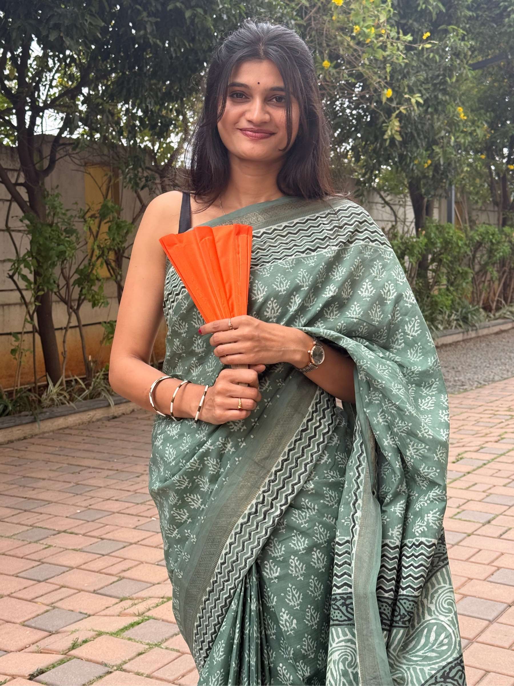 Green Dabu Hand Block Printed Banana Silk Saree