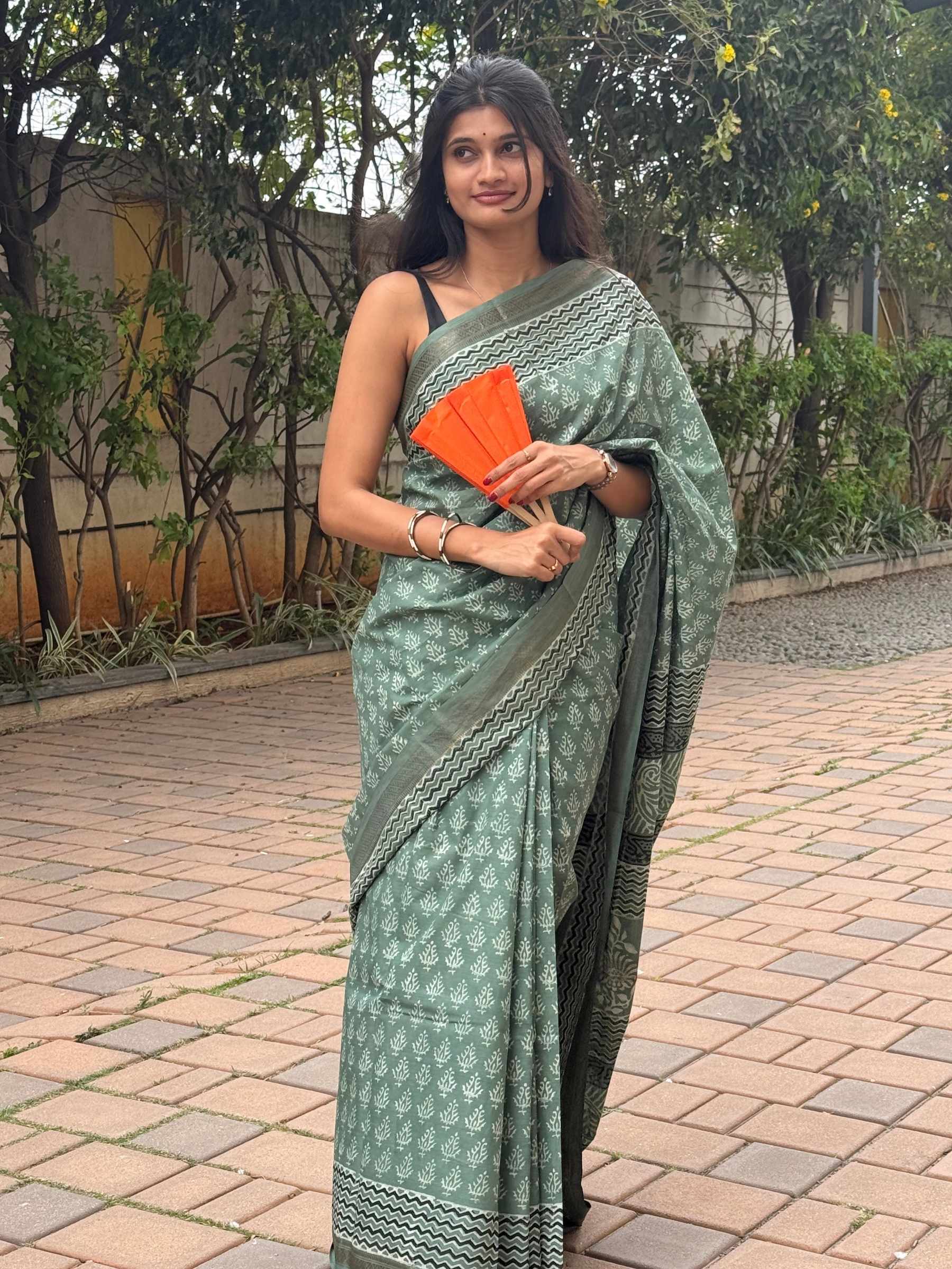 Green Dabu Hand Block Printed Banana Silk Saree