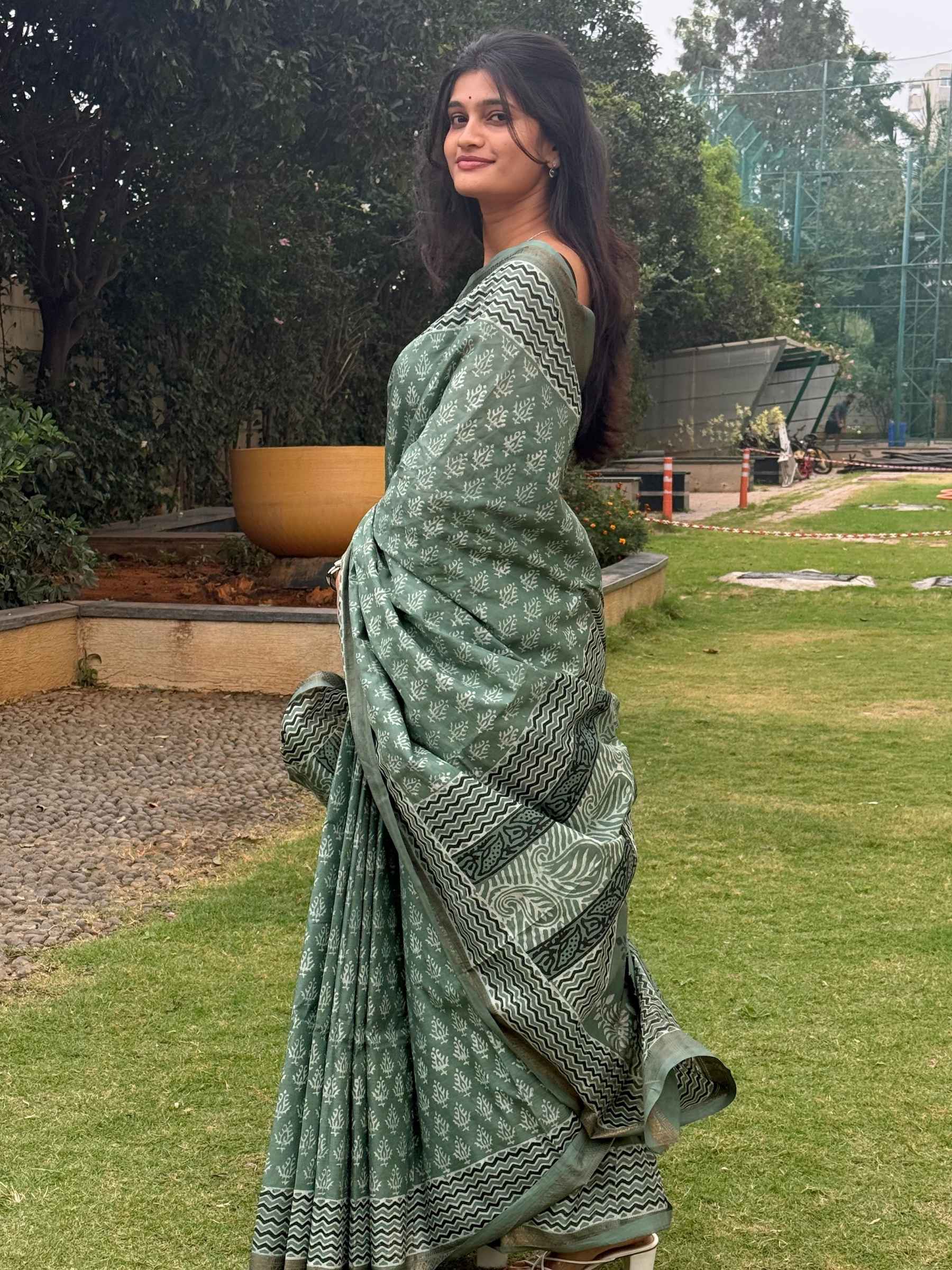 Green Dabu Hand Block Printed Banana Silk Saree