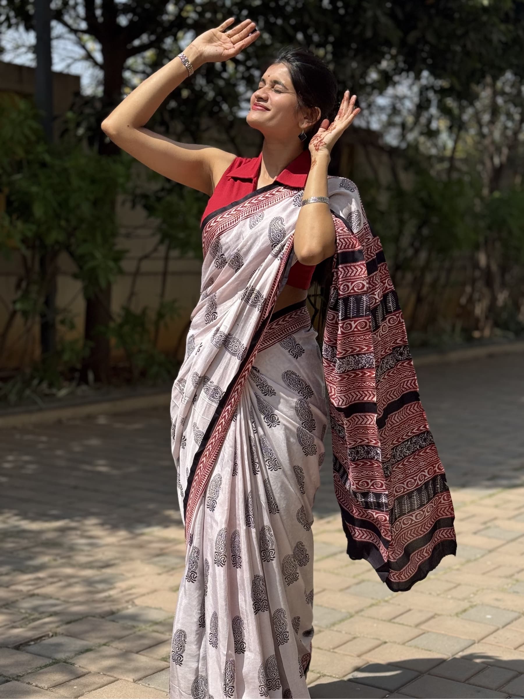 Hand Block Printed Banana Silk Cotton Saree in White