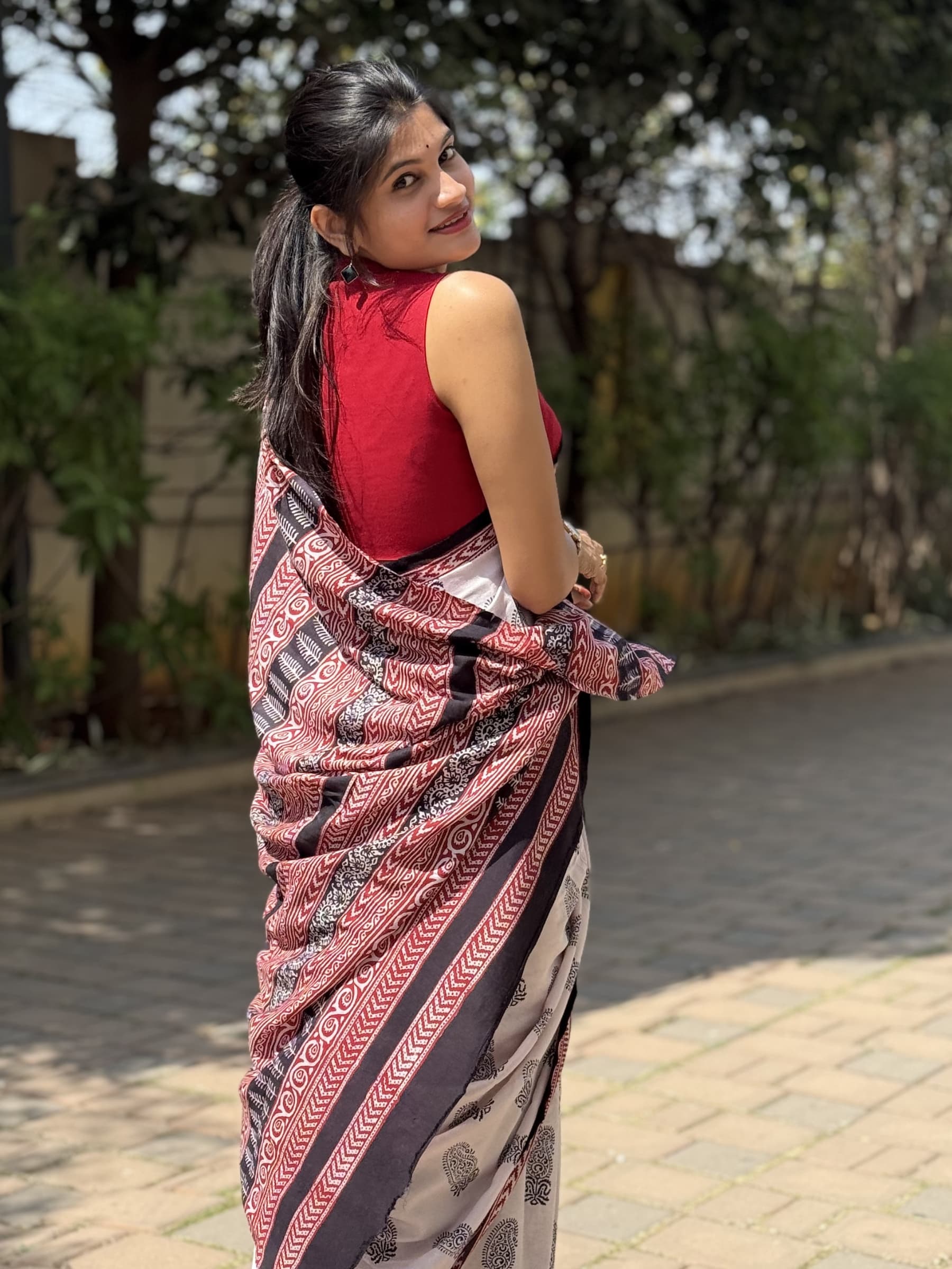 Ivory with Black Paisley Motifs Bagh Hand Block Printed Banana Silk Cotton Saree