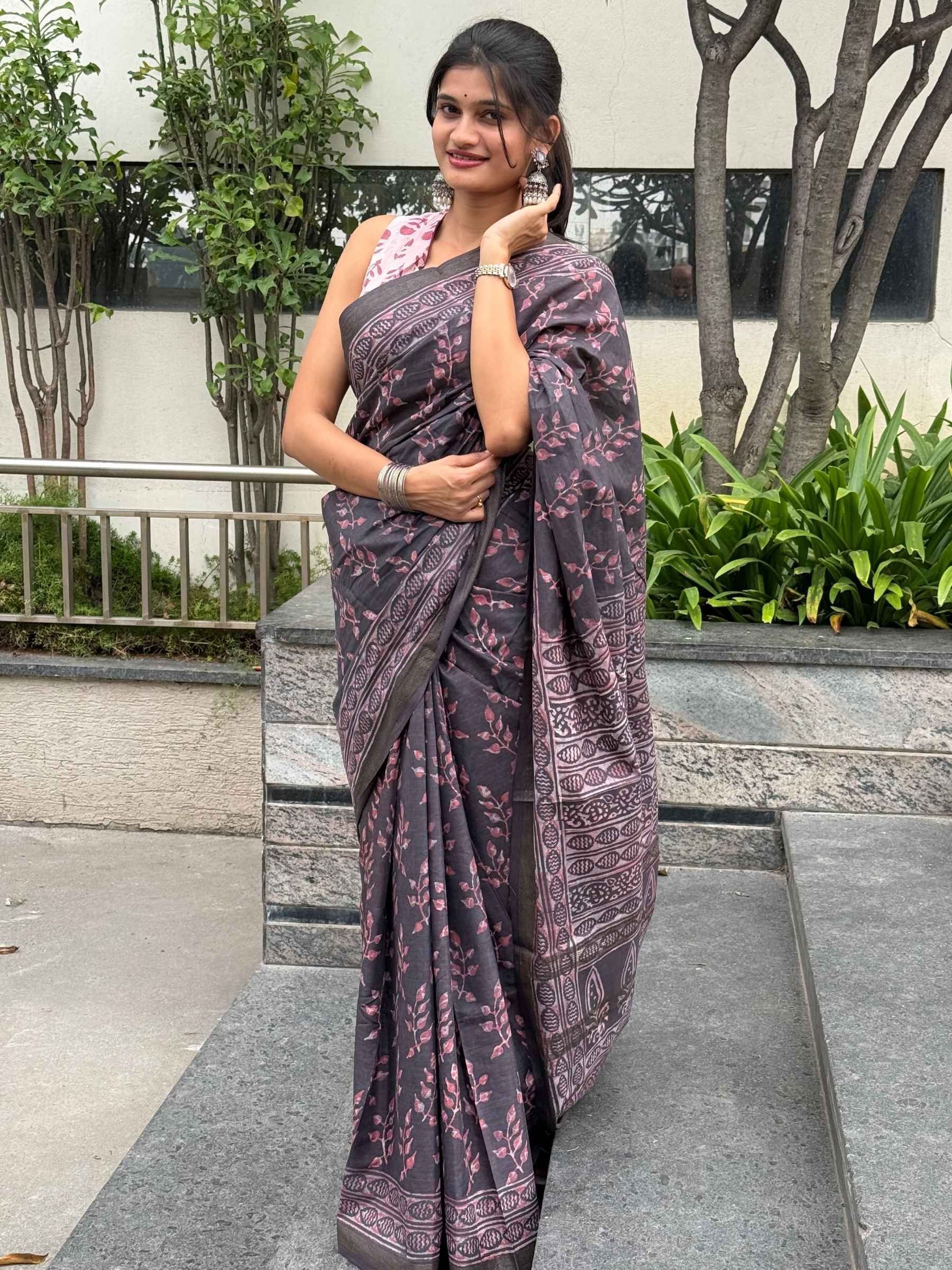 Shadow Purple Dabu Hand Block Printed Banana Silk Saree