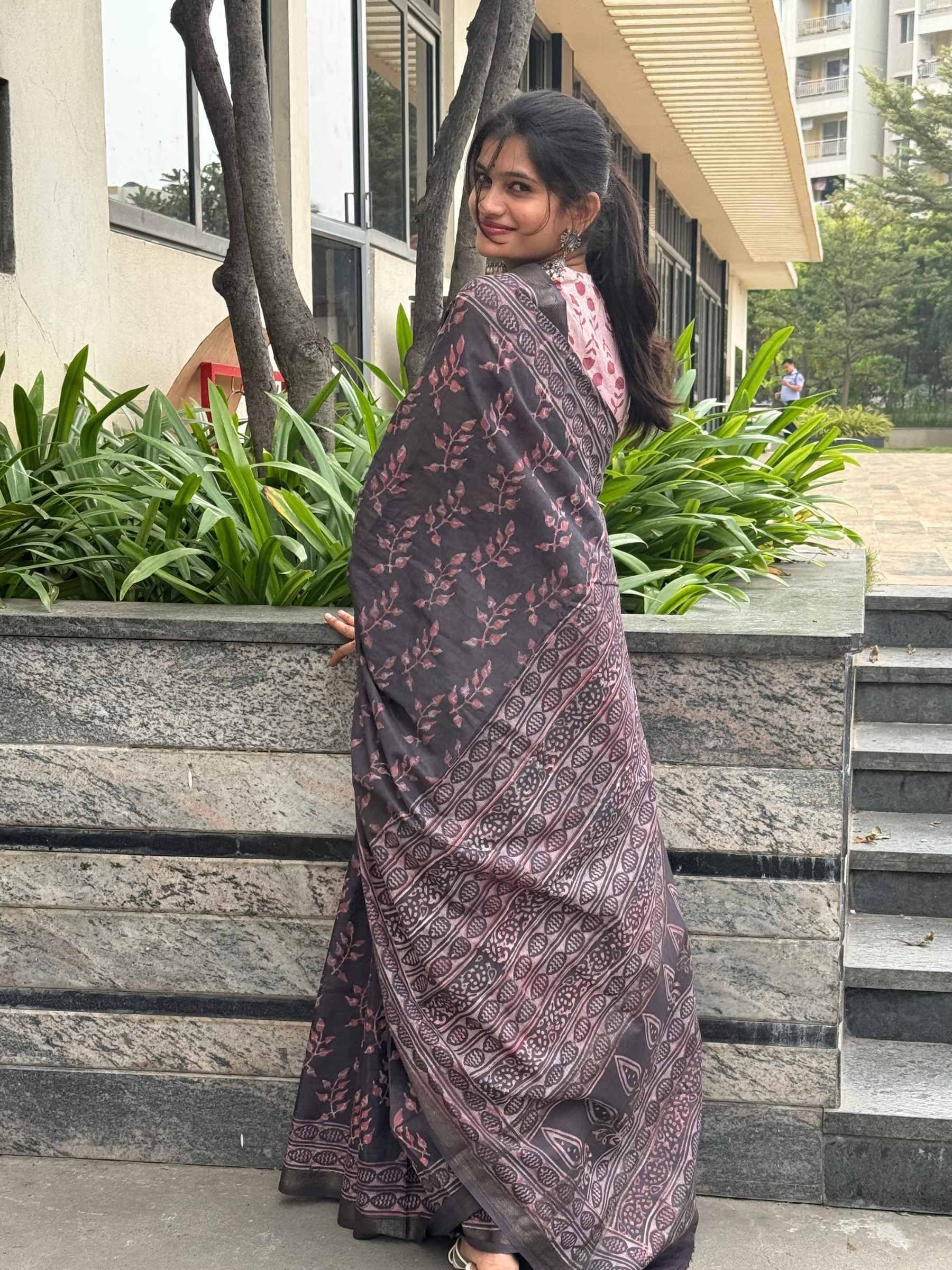 Shadow Purple Dabu Hand Block Printed Banana Silk Saree