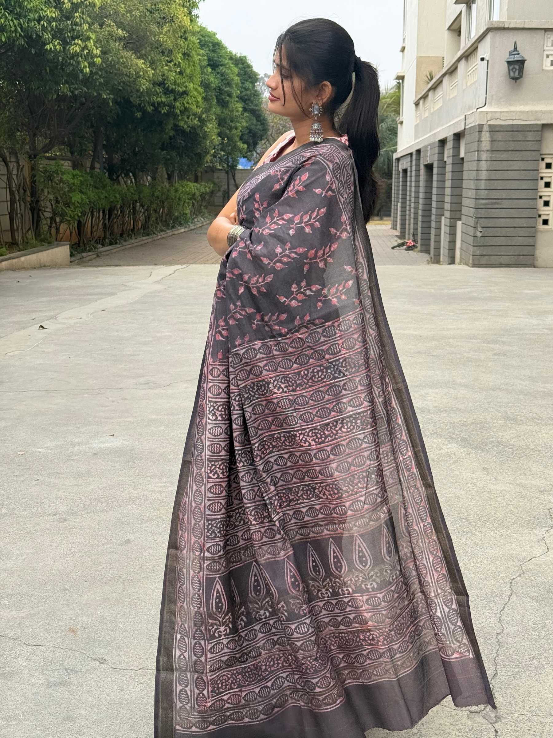 Shadow Purple Dabu Hand Block Printed Banana Silk Saree