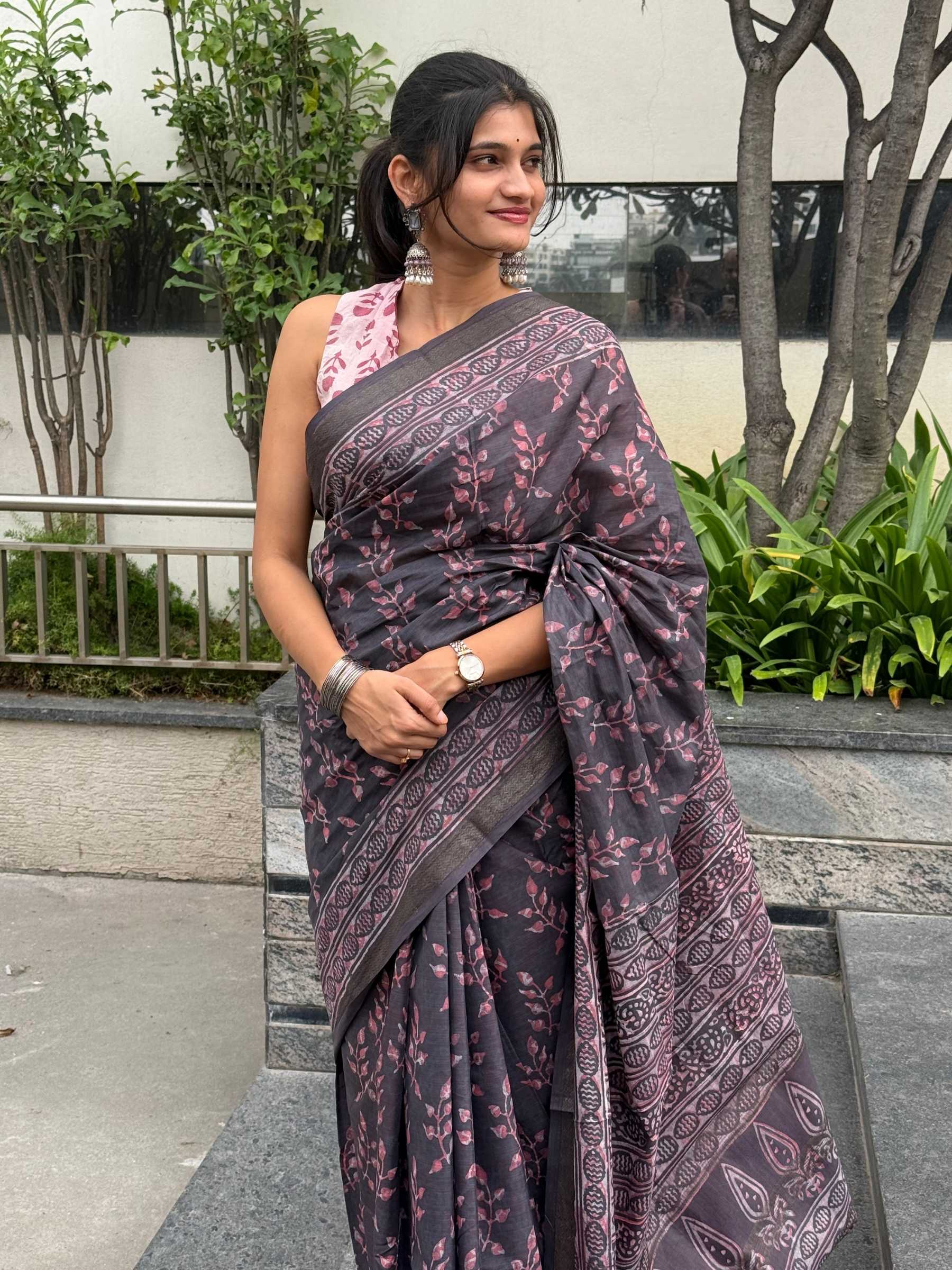 Shadow Purple Dabu Hand Block Printed Banana Silk Saree