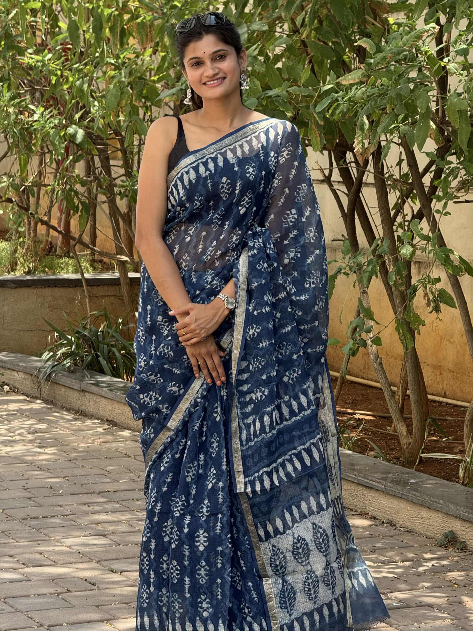 Hand Block Printed Dabu Kota Doria Saree in Indigo Blue