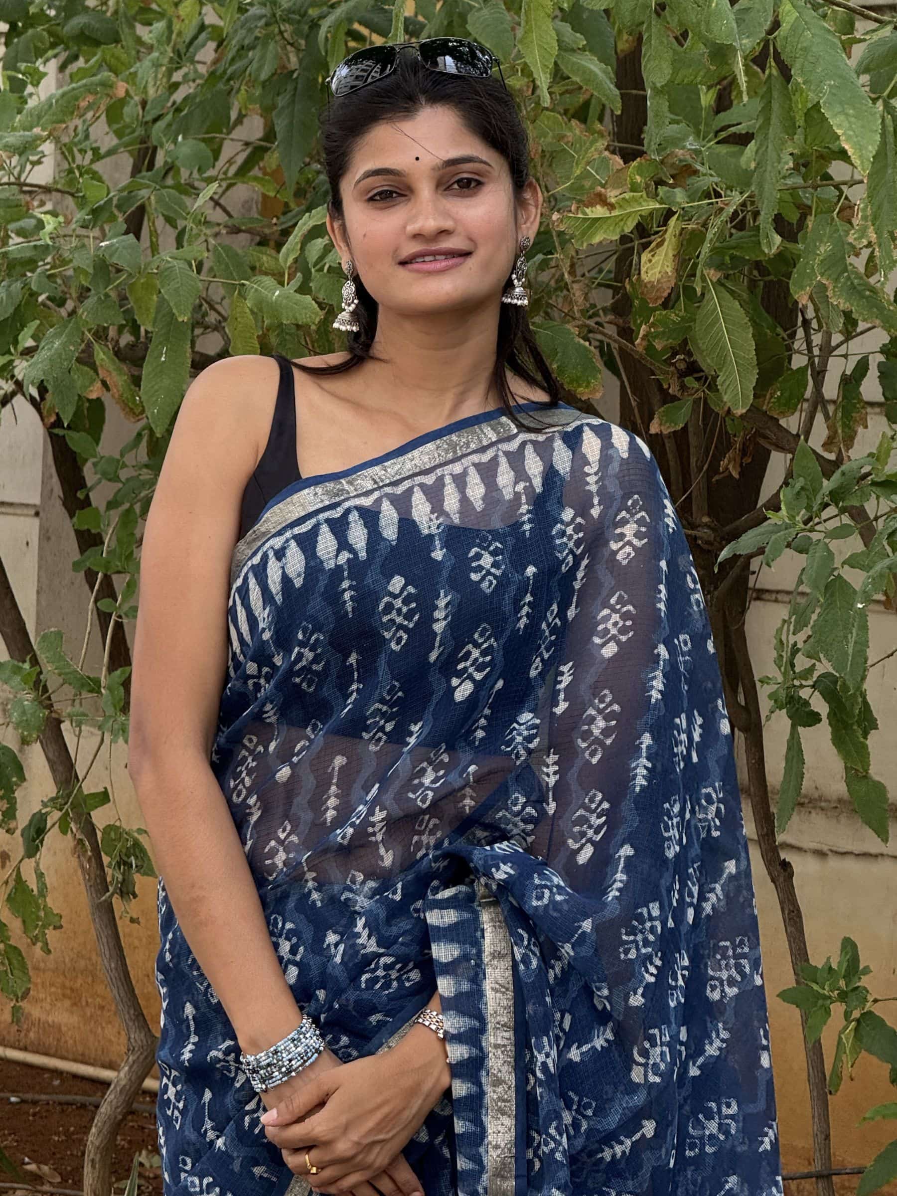 Hand Block Printed Dabu Kota Doria Saree in Indigo Blue