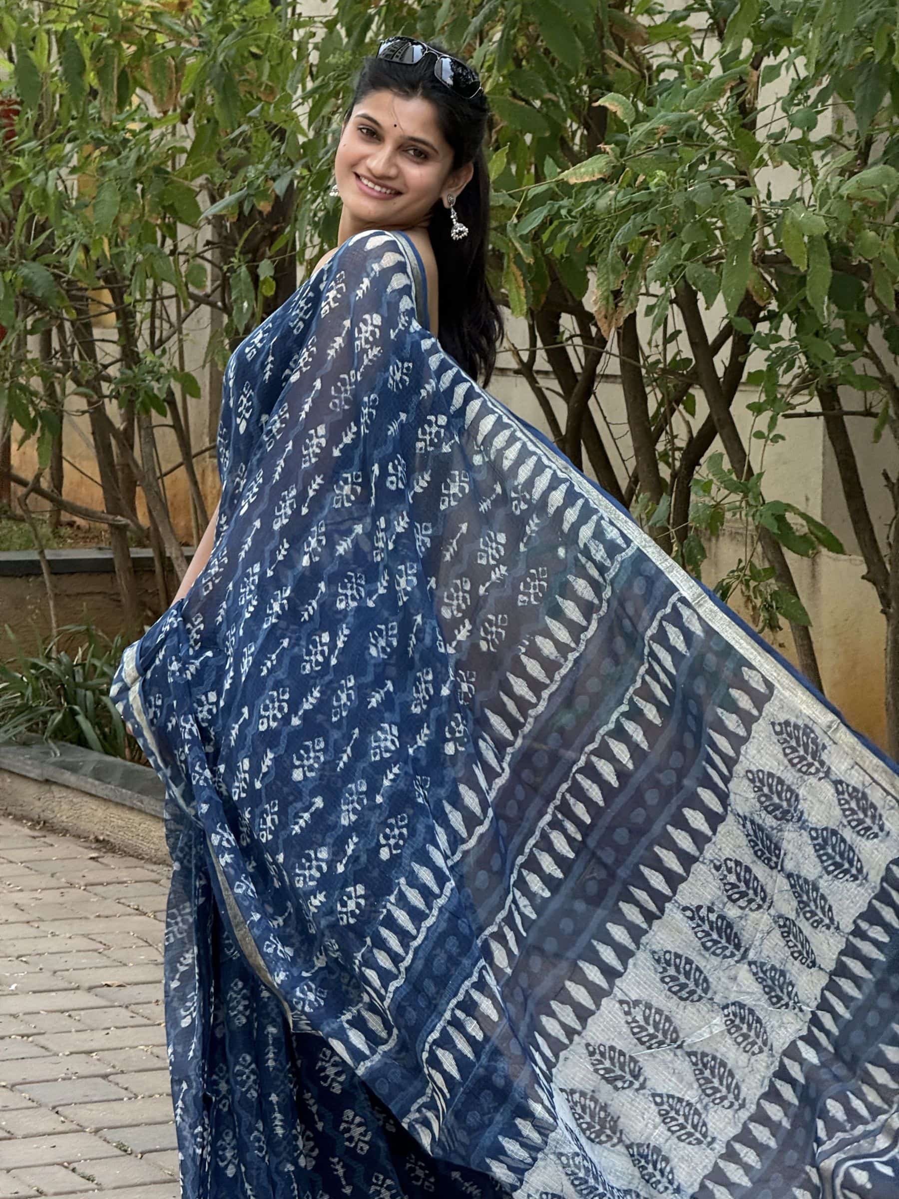 Hand Block Printed Dabu Kota Doria Saree in Indigo Blue