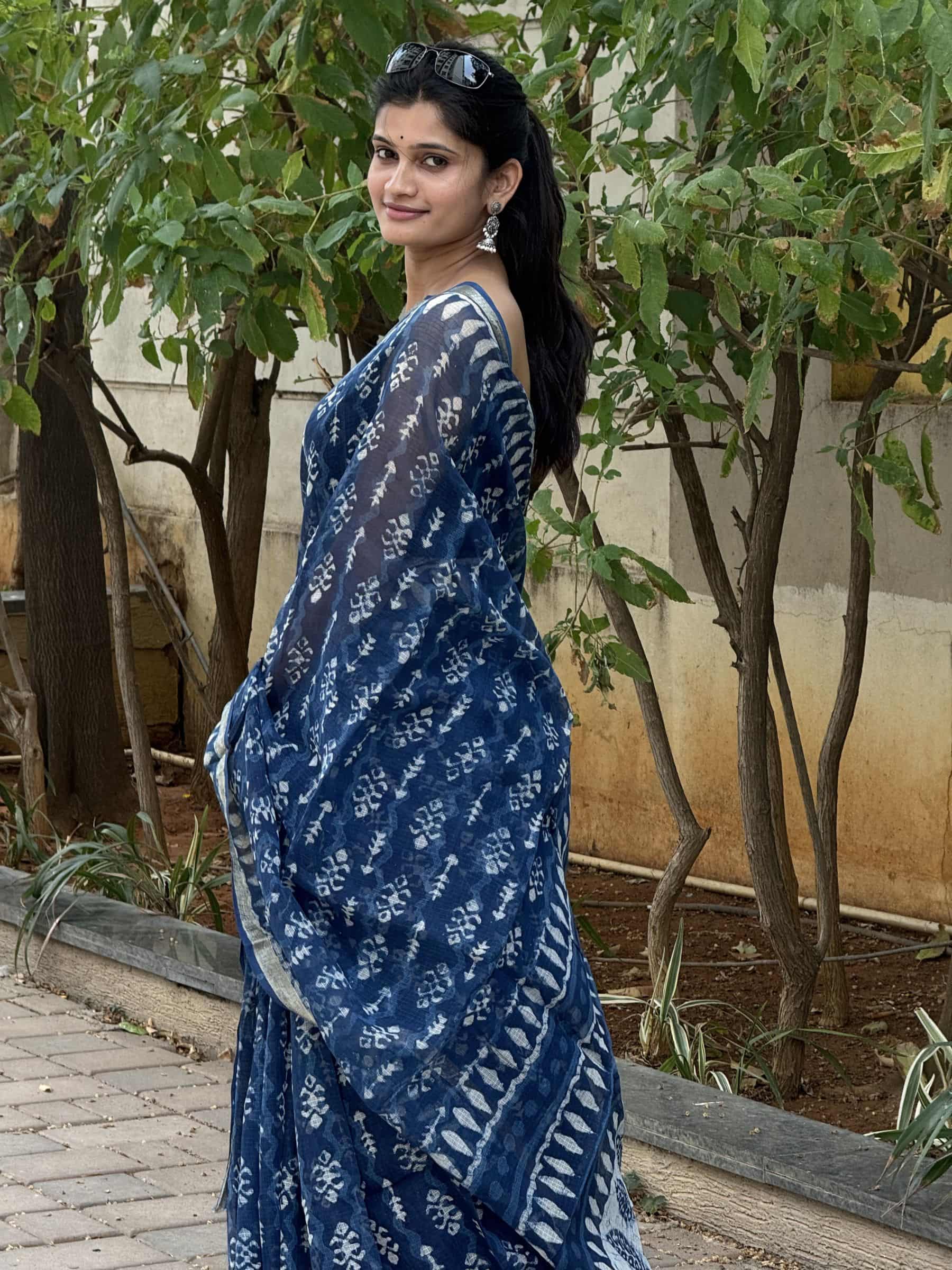 Hand Block Printed Dabu Kota Doria Saree in Indigo Blue