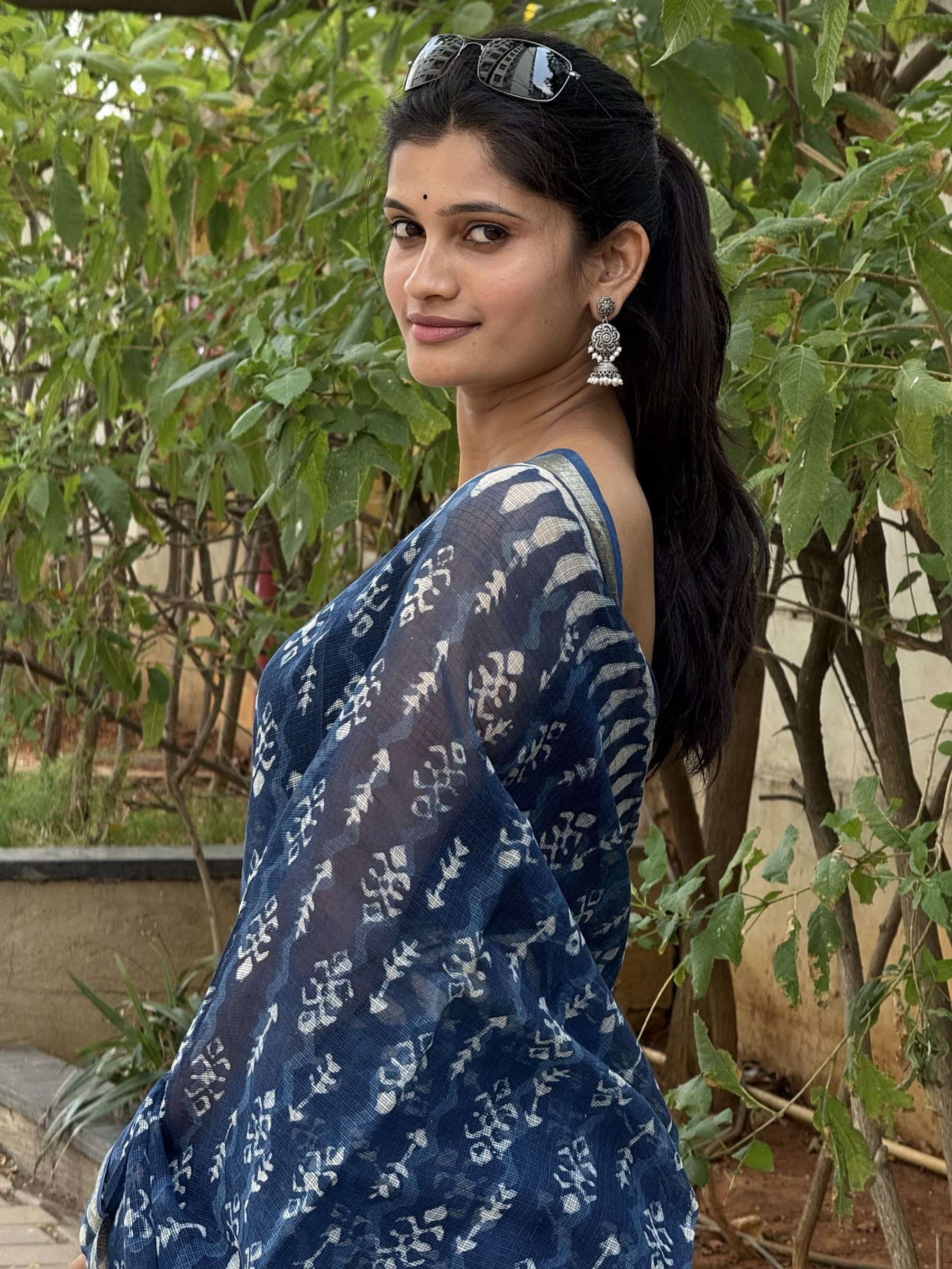 Hand Block Printed Dabu Kota Doria Saree in Indigo Blue