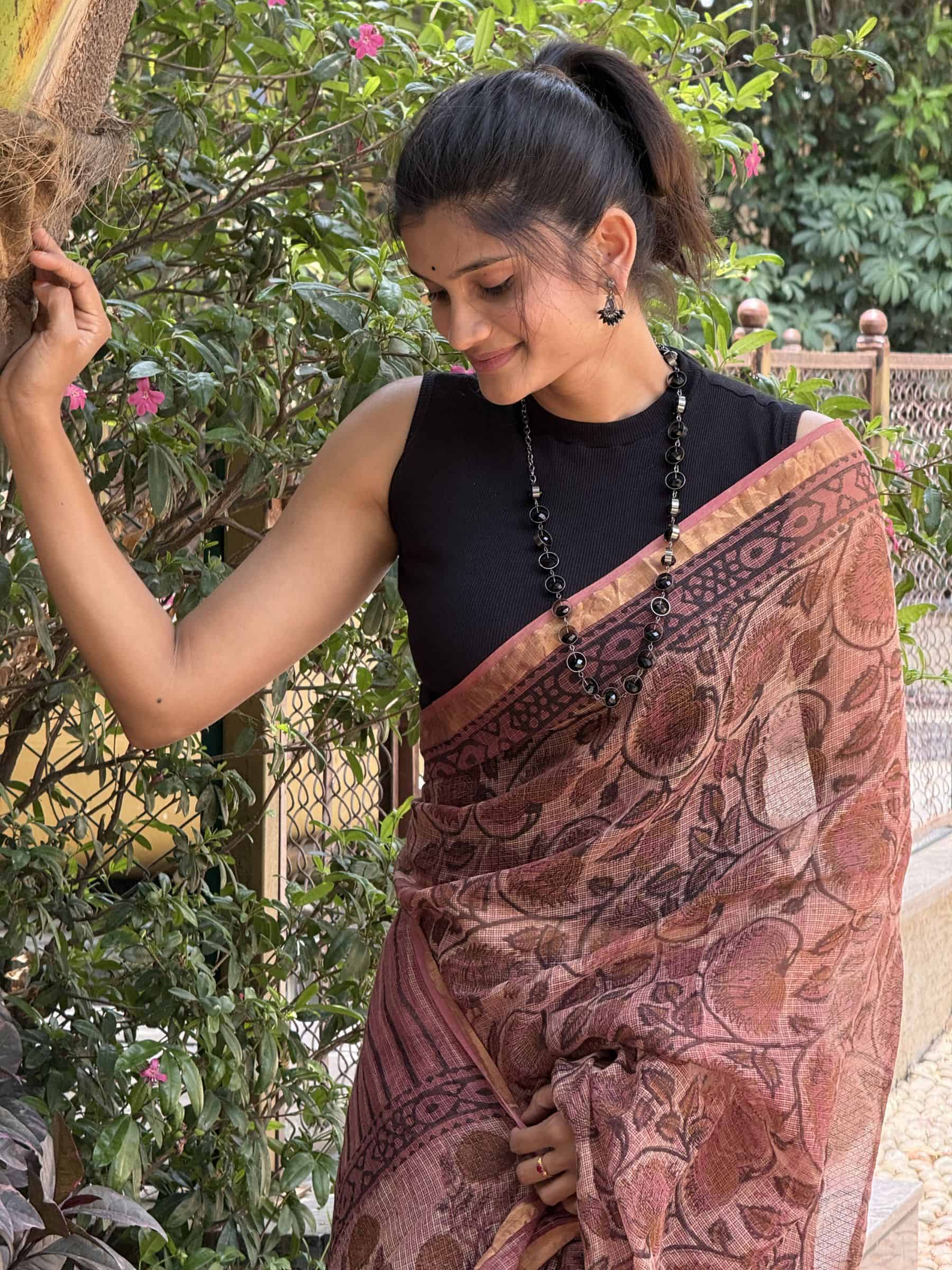 Hand Block Printed Vanaspati Kota Doria Saree in Earthy Brown