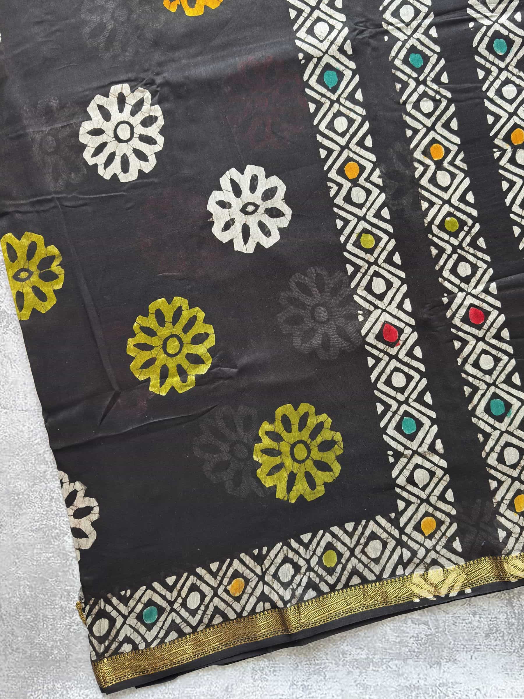 Hand Block Printed Maheshwari Silk Cotton Saree in Black
