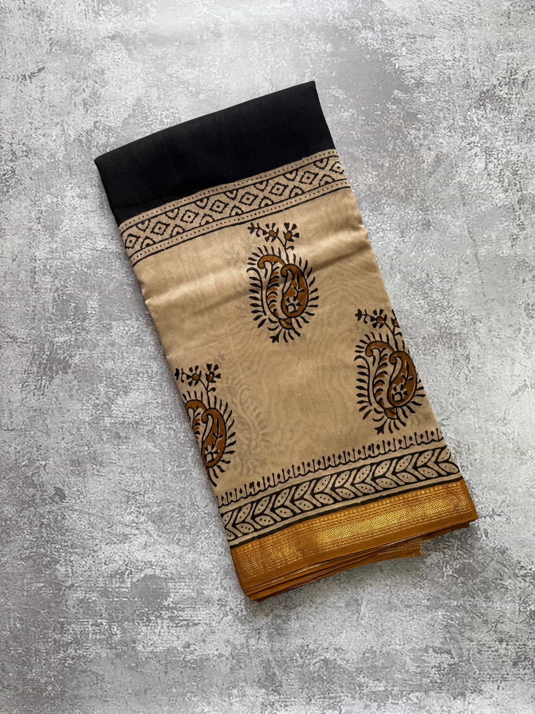 Black and beige hand block printed Maheshwari silk cotton saree