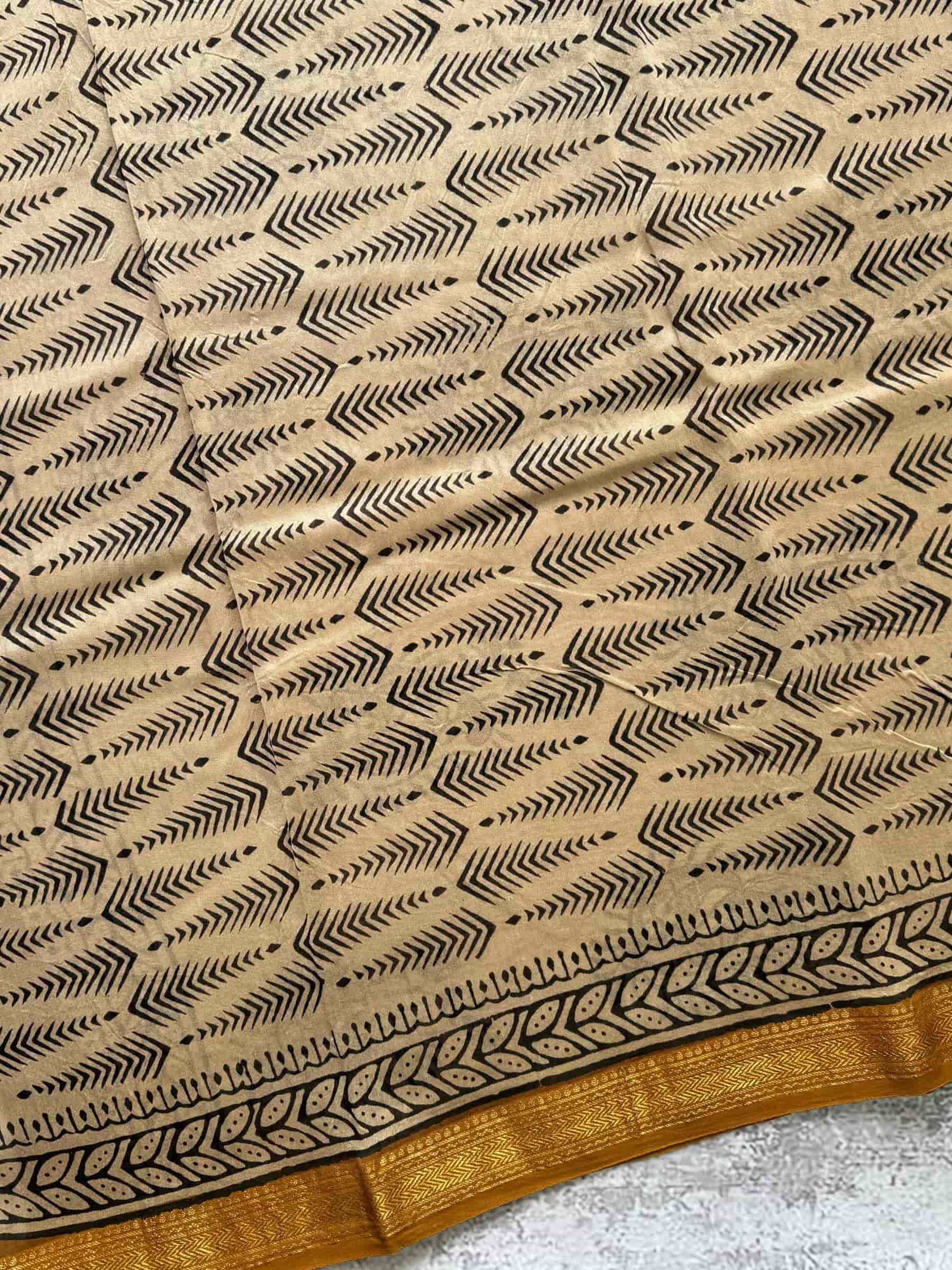 Hand Block Printed Maheshwari Silk Cotton Saree in Black and Beige