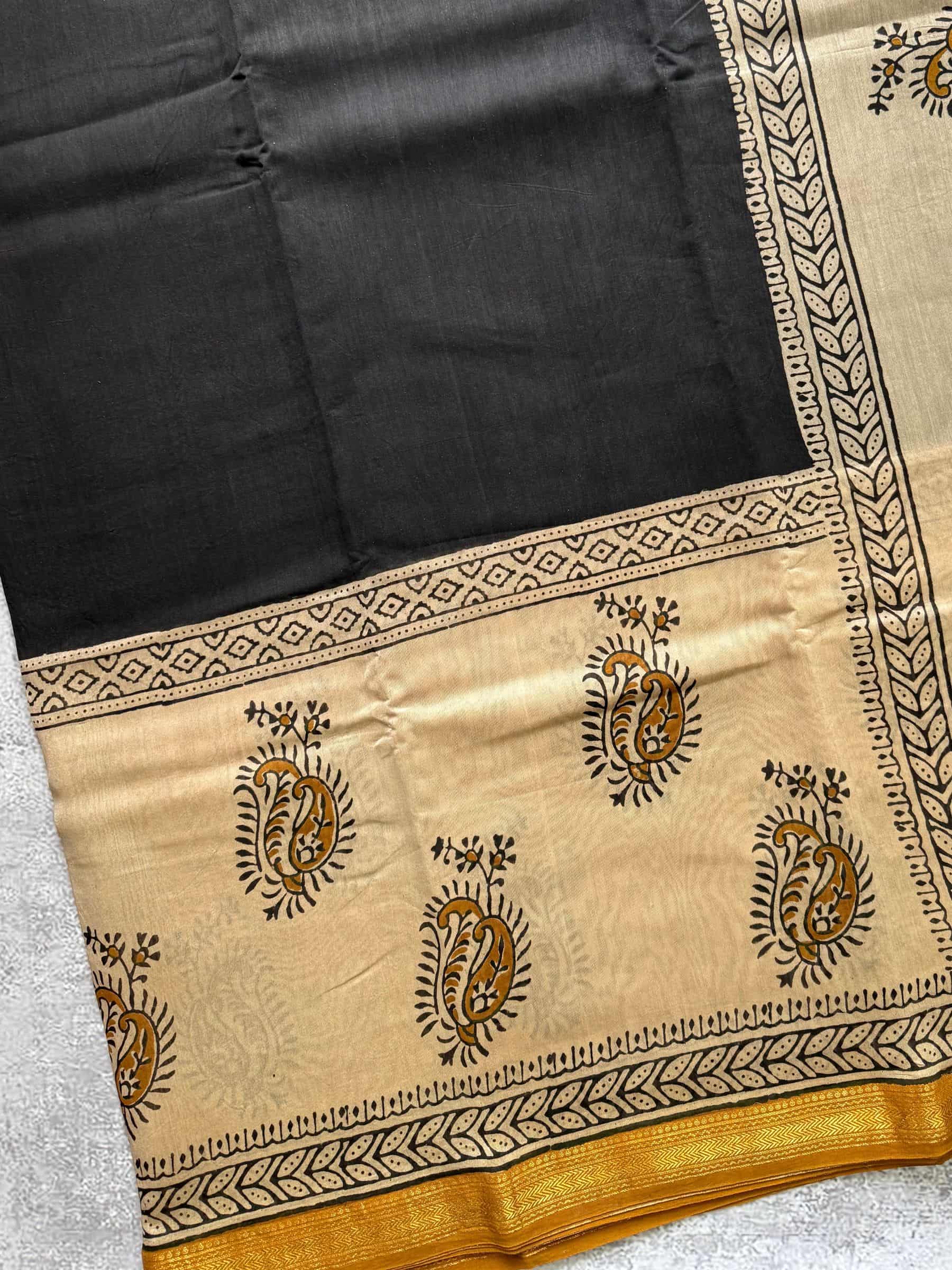 Hand Block Printed Maheshwari Silk Cotton Saree in Black and Beige