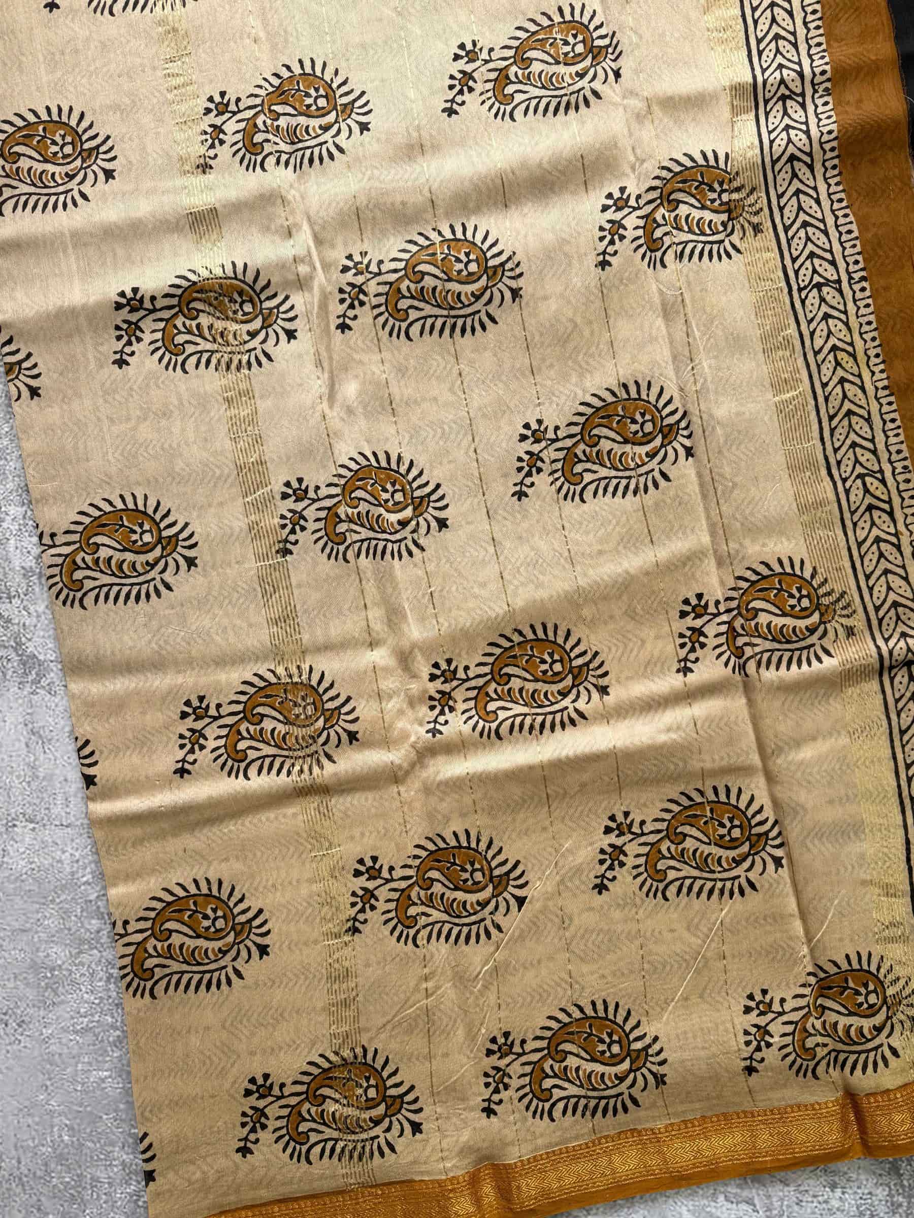Hand Block Printed Maheshwari Silk Cotton Saree in Black and Beige
