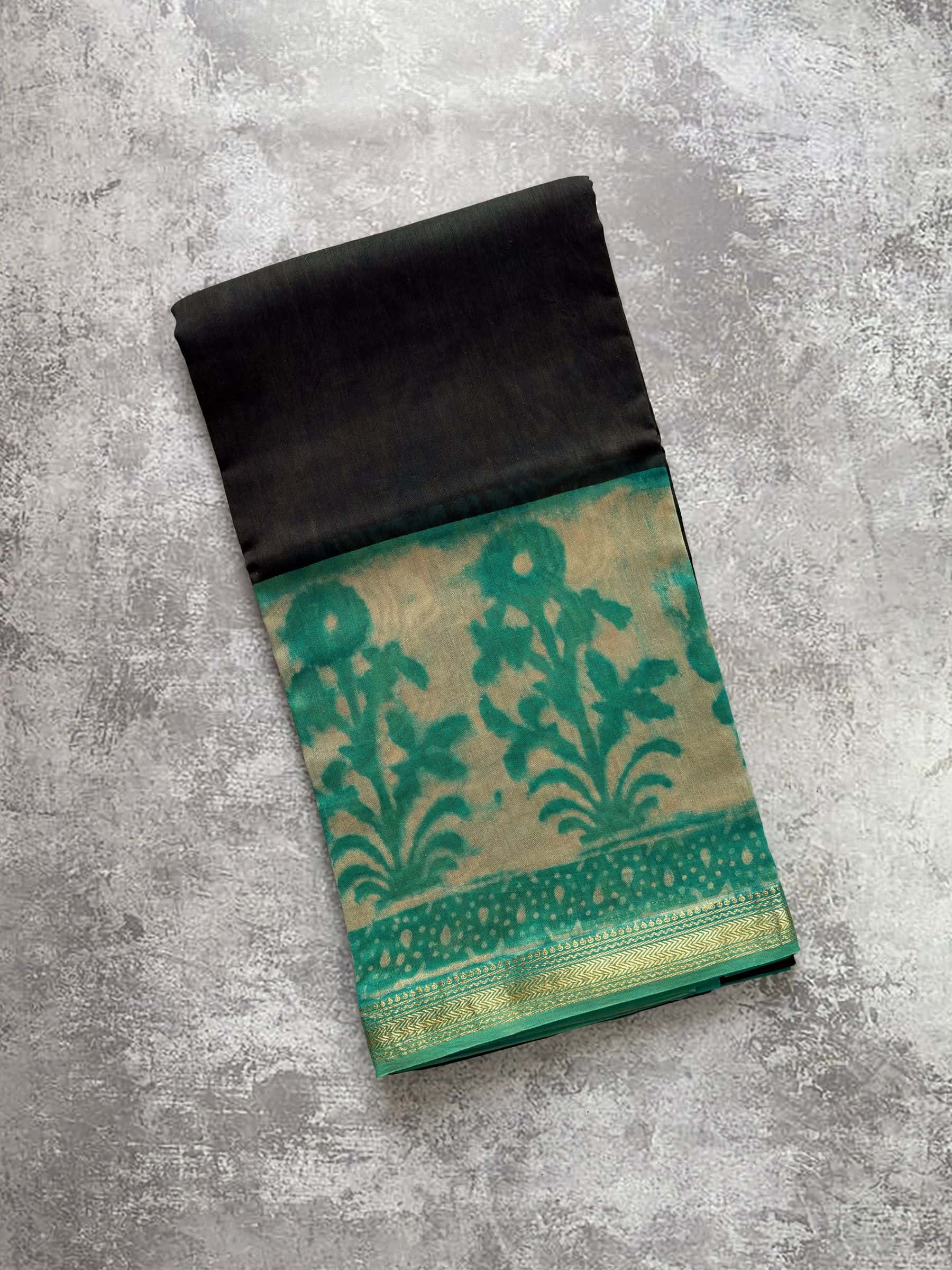 Black Maheshwari silk cotton saree with teal green hand block printed pallu