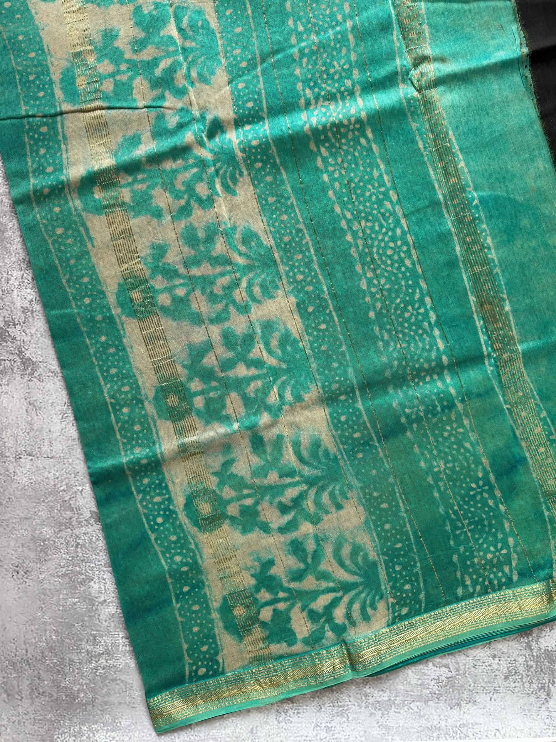 Hand Block Printed Maheshwari Silk Cotton Saree in Black & Teal